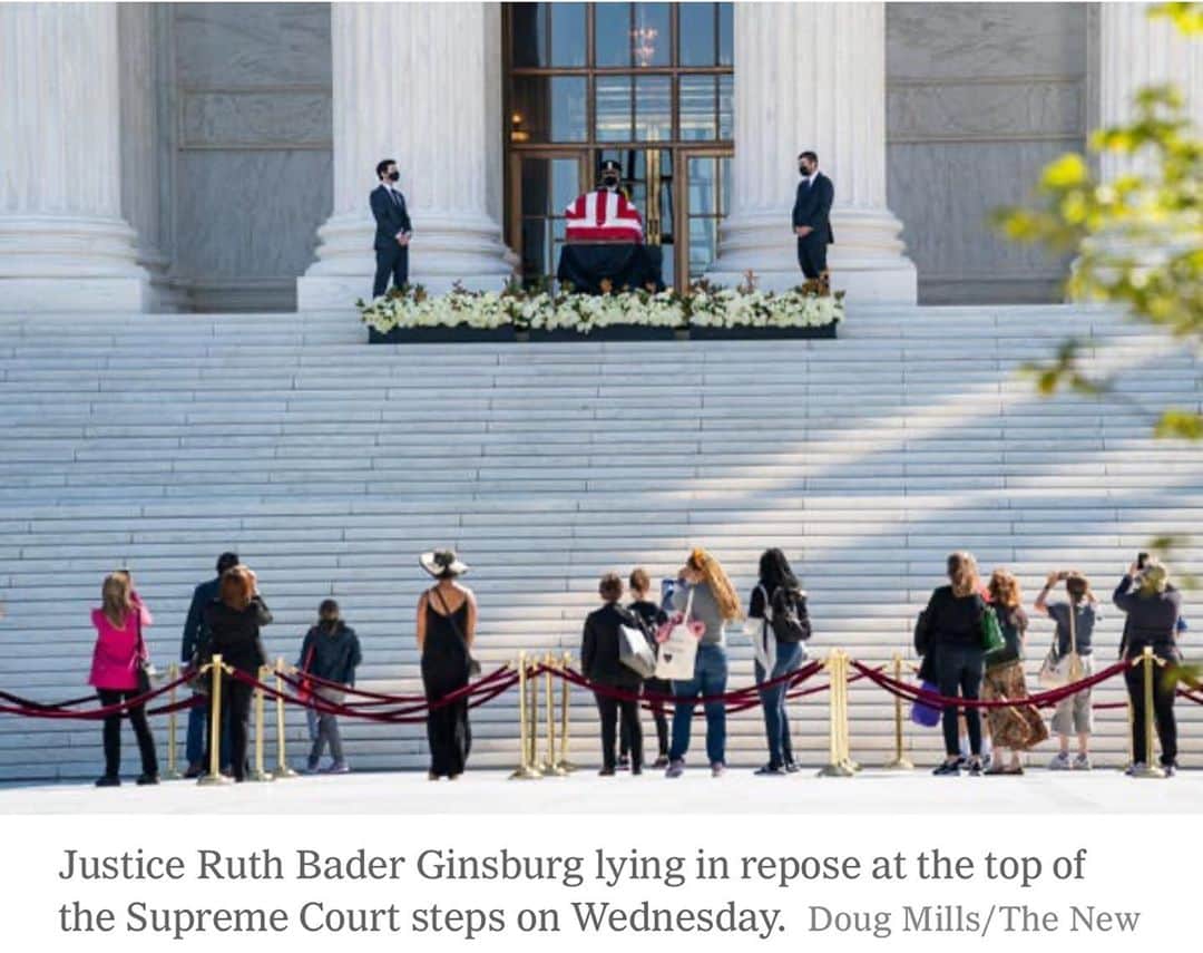 トームさんのインスタグラム写真 - (トームInstagram)「Justice Ruth Bader Ginsburg was honored on Wednesday as a pioneer of women’s rights who brought the nation closer to its vision of equal justice through a storied career as a lawyer and on the bench. In a short, simple and modest ceremony in keeping with her own reputation for humility, Justice Ginsburg’s family and fellow members of the Supreme Court paid their respects in the Great Hall of the building where she served for 27 years. Her coffin was then brought outside, where she will lie in repose as Americans bid farewell over the next two days. “Justice Ginsburg’s life was one of the many versions of the American dream,” Chief Justice John G. Roberts Jr. said during the ceremony inside the building. “Her father was an immigrant from Odessa. Her mother was born four months after her family arrived from Poland. Her mother later worked as a bookkeeper in Brooklyn. Ruth used to ask what is the difference in a bookkeeper in Brooklyn and a Supreme Court justice. Her answer: one generation.” The chief justice, who was the only one to speak other than Rabbi Lauren Holtzblatt, recalled that Justice Ginsburg wanted to be an opera singer but pursued law only to find herself the subject of discrimination because of her sex at law school and in the work force. She went on to become perhaps the country’s leading advocate fighting that discrimination.  “She was not an opera star, but she found her stage right behind me in our courtroom,” the chief justice said. “There, she won famous victories that helped move our nation closer to equal justice under law, to the extent that women are now a majority in law schools, not simply a handful. Later, she became a star on the bench.” He said her 483 opinions — majority, concurring and dissenting — would “steer the court for decades” to come. “They are written with the unaffected grace of precision,” he said. “Her voice in court and in our conference room was soft, but when she spoke, people listened.” The chief justice was joined by the other seven current members of the court, seated in order of seniority, as well as Anthony M. Kennedy, the retired justice, and several of their spouses, all wearing face masks and sitting apart...」9月24日 6時35分 - tomenyc