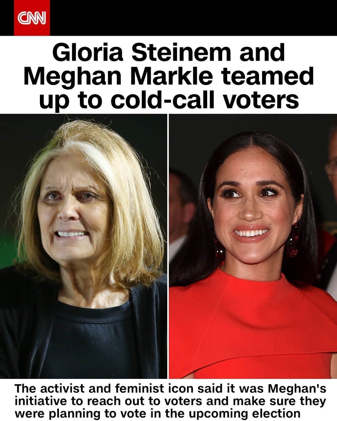 CNNさんのインスタグラム写真 - (CNNInstagram)「Meghan, Duchess of Sussex, joined forces with political activist Gloria Steinem in efforts to get people to vote in November's presidential election. "Meg is herself, smart, authentic, funny, political. She came home to vote," Steinem said during a virtual chat with Access Hollywood's Zuri Hall on Sunday. In August, Markle spoke about the importance of voting, saying that if you don't vote, "then you're complicit."⁠ (📸: Suzi Pratt/Getty Images and Eddie Mulholland/AFP via Getty Image)」9月24日 7時01分 - cnn