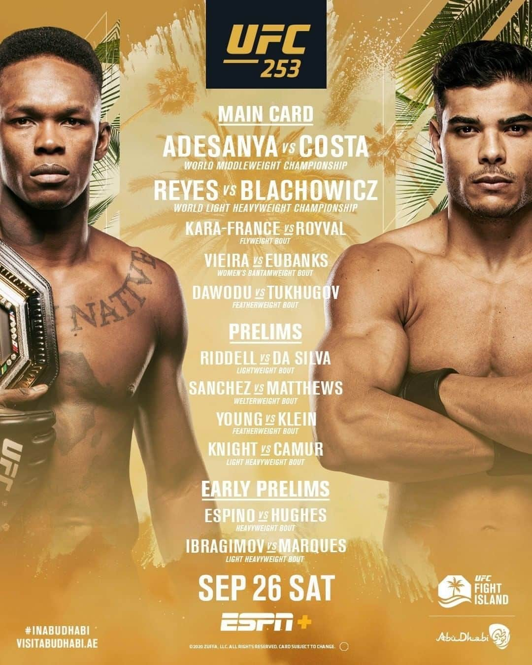 UFCさんのインスタグラム写真 - (UFCInstagram)「The lineup! Two title fights headline the return to #UFCFightIsland 🏝  [ LIVE on ESPN+ PPV: LINK IN BIO ]」9月24日 7時04分 - ufc