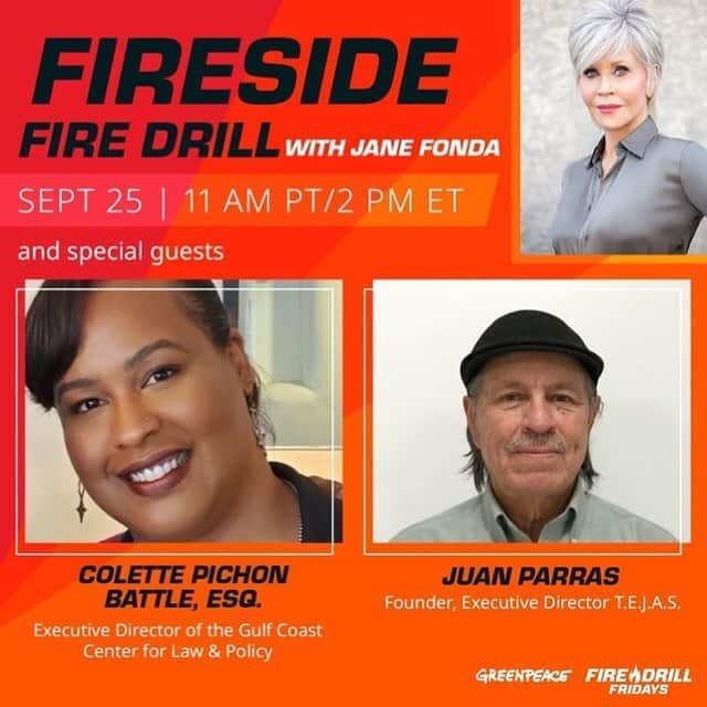 ジェーン・フォンダさんのインスタグラム写真 - (ジェーン・フォンダInstagram)「Repost from @firedrillfriday • We're thrilled to join @JaneFonda with guests Juan Parras of @tejasbarrios and Colette Pichon Battle of @GCCLP on tomorrow's Fireside Fire Drill to discuss climate disasters and community resilience. ⠀⠀⠀⠀⠀⠀⠀⠀⠀ Join us! RSVP at the link in our bio 👆」9月25日 4時21分 - janefonda