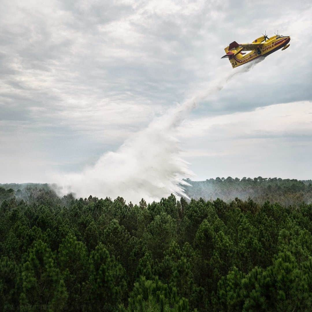 National Geographic Creativeさんのインスタグラム写真 - (National Geographic CreativeInstagram)「Photo by Matthieu Paley @paleyphoto / As seen through the front window of a reconnaissance helicopter, a Canadair firefighting plane drops about 6 tons of water over a nascent forest fire. The water was picked up moments earlier in a designated area on the Gironde river, near Bordeaux, France. The helicopter indicates the area where to drop the water by pointing its nose to it. Firefighters specialists inside the helicopter help guide the Canadair pilots over the radio. This is part of an ongoing global story for National Geographic magazine on the issue of Air Pollution. For more on environmental issues worldwide, follow @paleyphoto #forestfire #firefighters #firefighting」9月24日 21時36分 - natgeointhefield