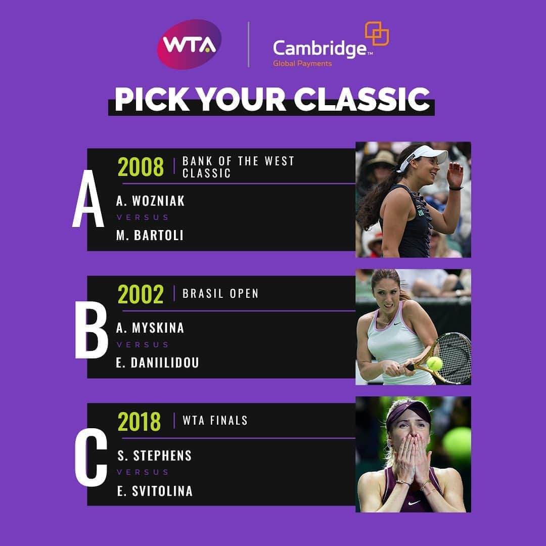 WTA（女子テニス協会）さんのインスタグラム写真 - (WTA（女子テニス協会）Instagram)「🗳 Vote for your favorite match and enjoy it on our YouTube channel and Facebook page this Saturday, September 26th, at 1 pm ET/6pm BST. What's your pick this week? 🤔  🍿 Presented by Cambridge Global Payments.」9月24日 22時26分 - wta