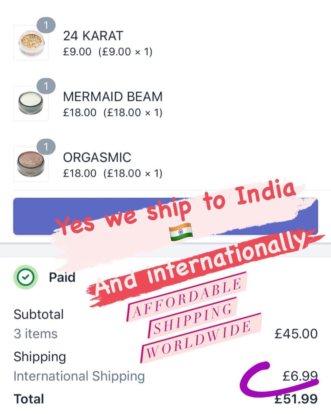 Makeup Addiction Cosmeticsさんのインスタグラム写真 - (Makeup Addiction CosmeticsInstagram)「Shipping to India 🇮🇳 we get asked if we ship internationally! Yes we do and affordably!! 😱😱😱 Our highlighters and glitters are a winner!!! 🤗 #makeupaddictioncosmetics #makeupaddiction」9月24日 22時36分 - makeupaddictioncosmetics