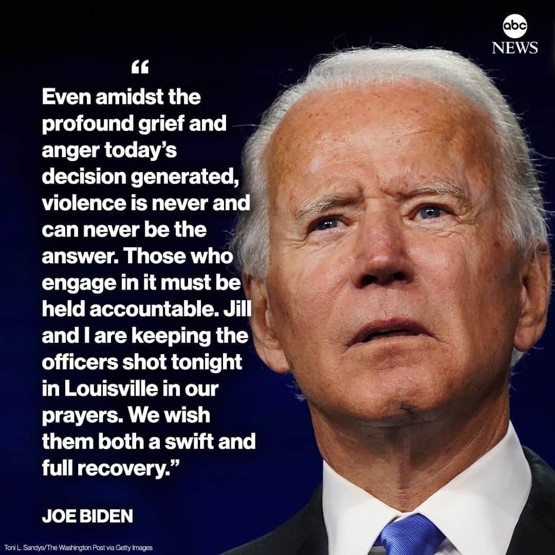 ABC Newsさんのインスタグラム写真 - (ABC NewsInstagram)「“Even amidst the profound grief & anger today's decision generated, violence is never & can never be the answer.”  Joe Biden releases a statement following the protests in Louisville that turned violent as police said two officers were shot during demonstrations.」9月24日 22時29分 - abcnews