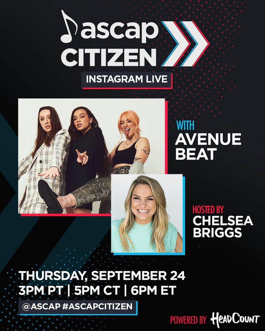 ASCAPさんのインスタグラム写真 - (ASCAPInstagram)「TODAY! We're going LIVE with @avenuebeat & @chelsea_briggs to talk VOTING + a special performance of #F2020 happening on IG LIVE at 6PM ET. Tune in & make sure you are #VoteReady at the link in our bio via #ASCAPCitizen x @headcountorg」9月25日 0時01分 - ascap