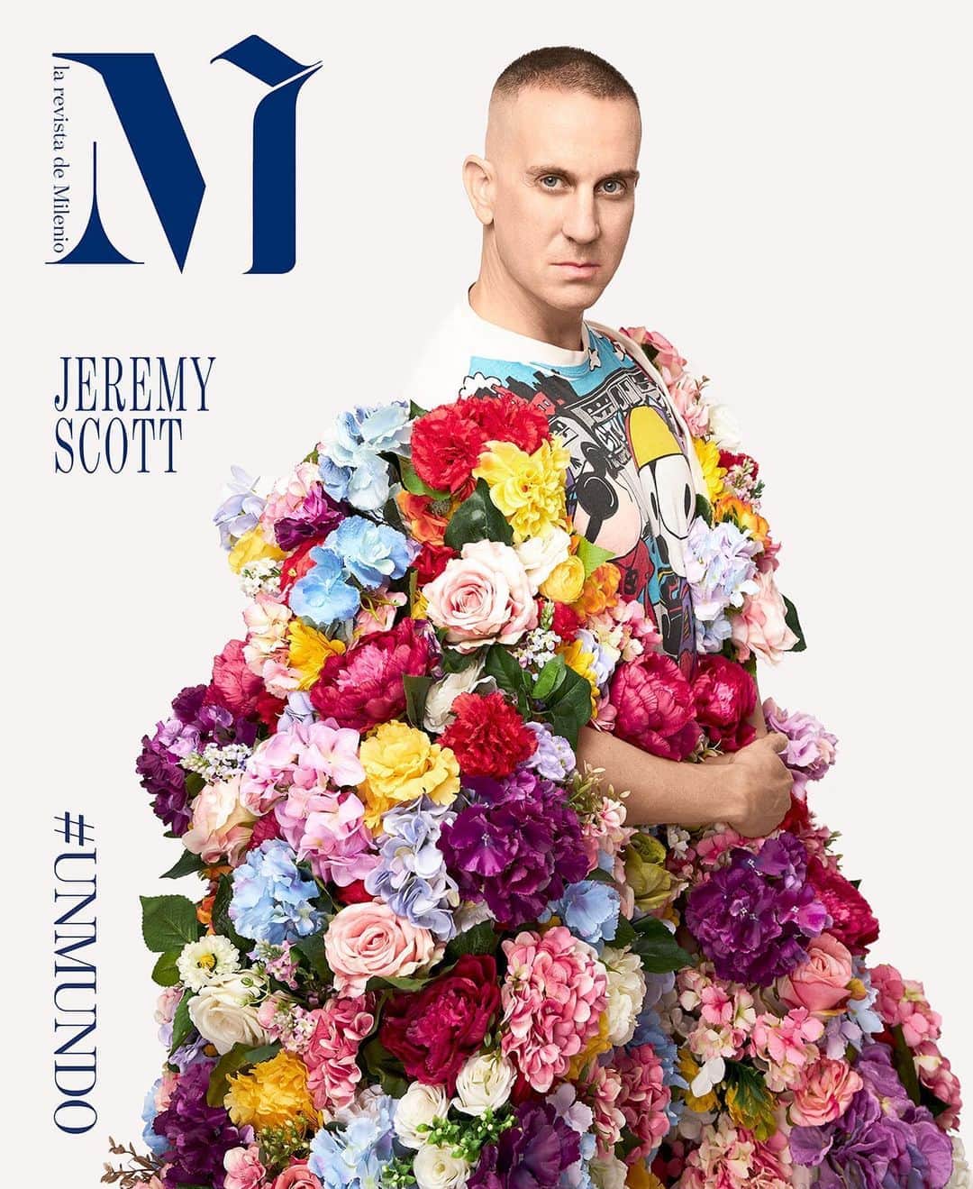 ジェレミー・スコットのインスタグラム：「GRACING THE COVER OF @m__milenio PHOTOGRAPHED BY @marcus_mam IN A @moschino FLORAL CAPE WITH A FEATURE BY @sarahgorereeves 💐」