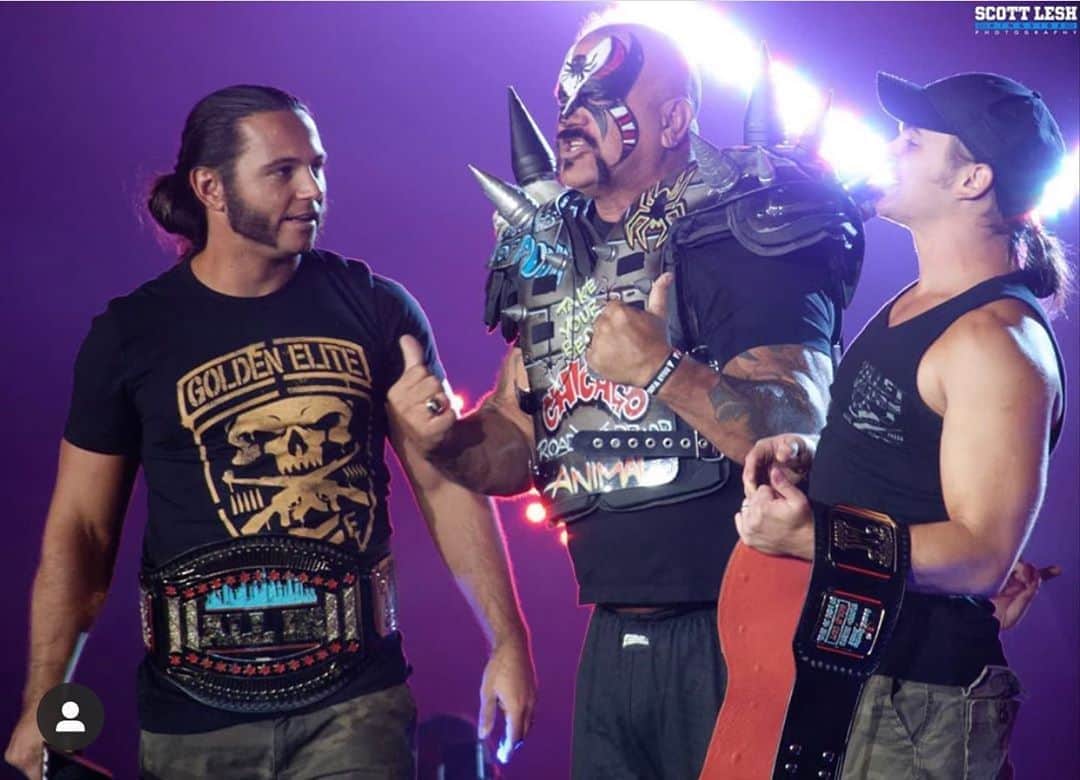 マット・ジャクソンのインスタグラム：「Road Warriors proved that tag team wrestling was box office. Animal was a sweet man & I’ll never forget the smile he had on his face a couple years ago, riding the motorcycle down at All In. RIP friend. (Photo by @scottlesh724)」