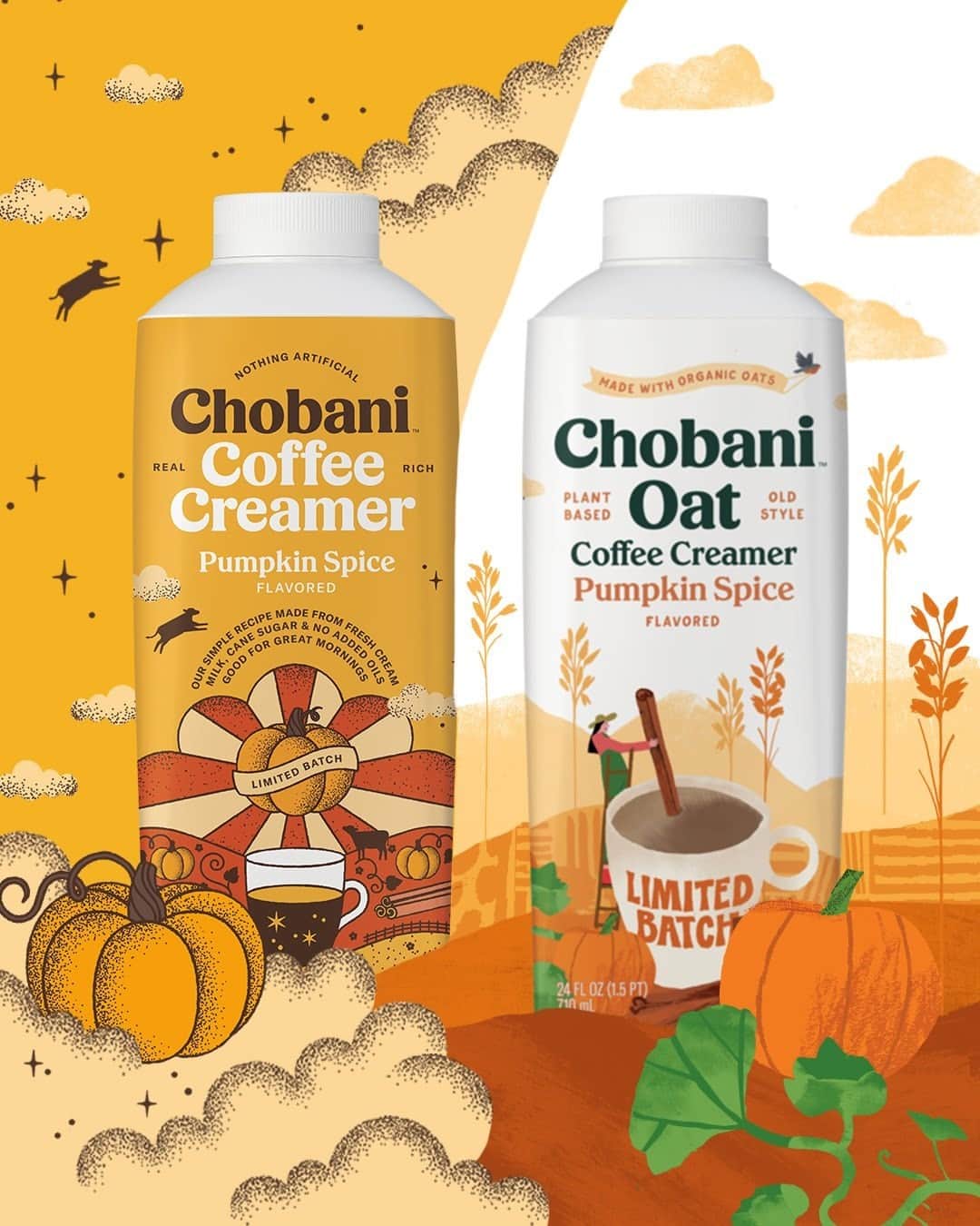 Chobaniのインスタグラム：「Pumpkin spice season is officially here 🎃 Add a splash of our rich limited batch Pumpkin Spice Coffee Creamer made with only natural ingredients to your favorite brew, or swirl in some creamy non-dairy Pumpkin Spice Oat Coffee Creamer. Which one’s keeping you cozy?」