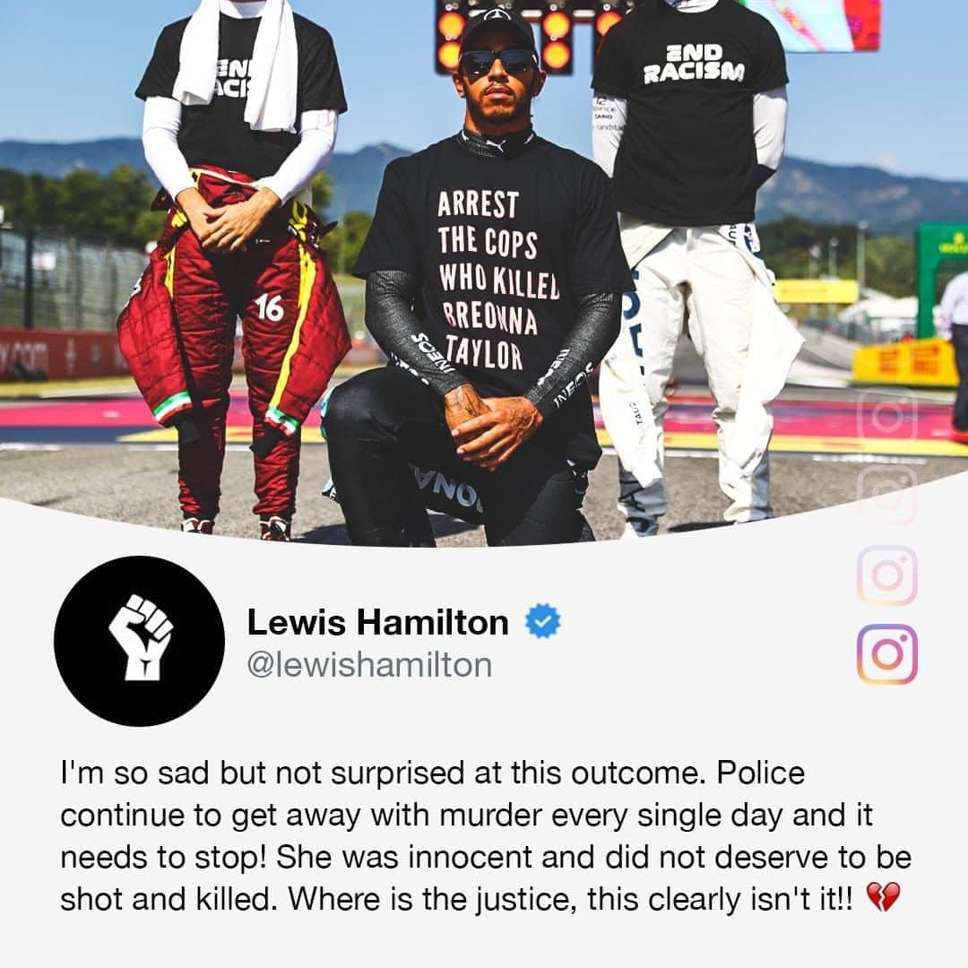 espnさんのインスタグラム写真 - (espnInstagram)「Lewis Hamilton, F1's only Black driver, shared his emotions following the Kentucky grand jury's decision not to prosecute any of the officers involved in the death of Breonna Taylor. (via @espnf1)」9月25日 2時03分 - espn