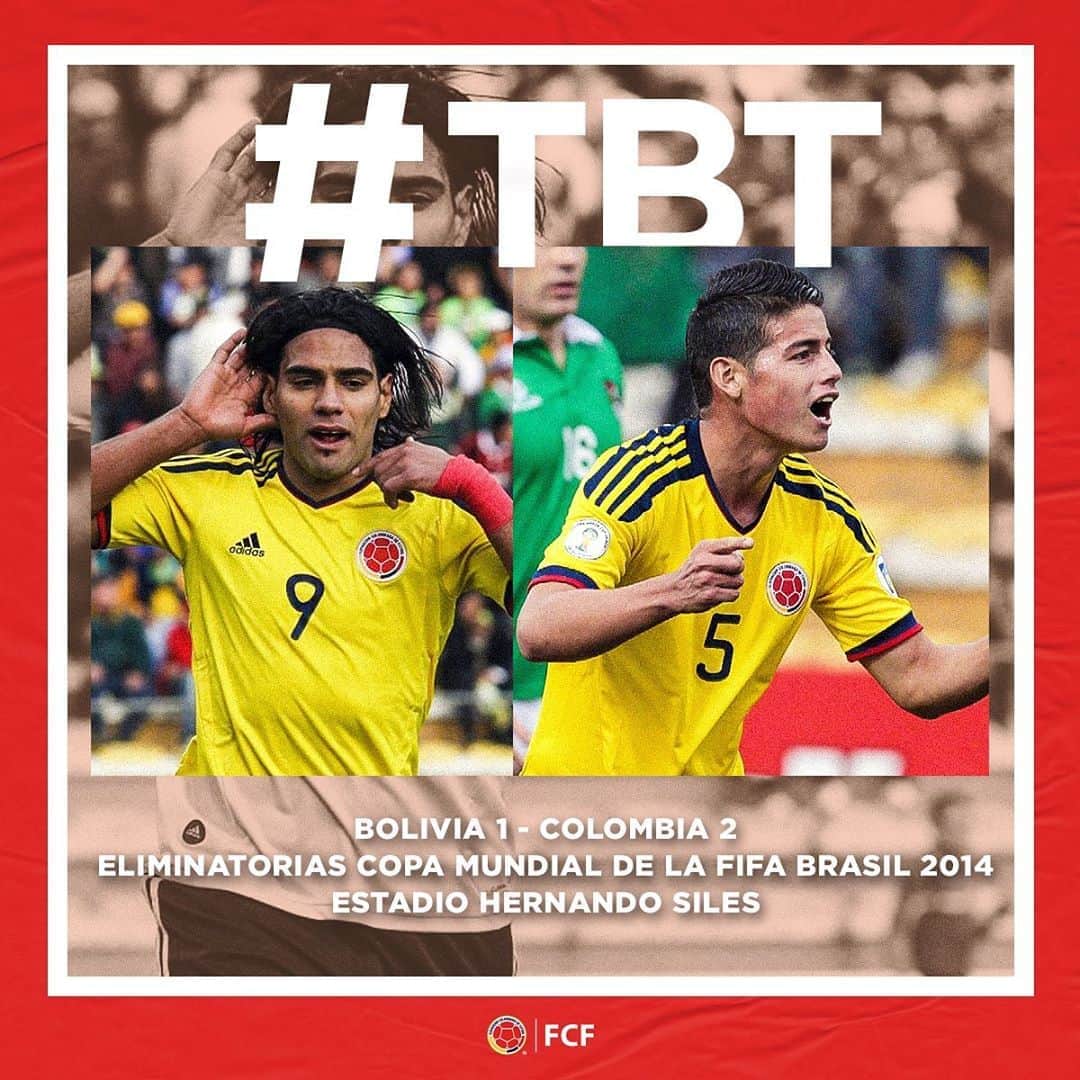 サッカー コロンビア代表チームのインスタグラム：「Se acerca nuestro debut en las Eliminatorias y por eso traemos un #TBT lleno de recuerdos 😍  🏆 Eliminatorias Copa Mundial de la FIFA Brasil 2014 🏟️ Hernando Siles ⚽ @falcao y Dorlan Pabón  🇧🇴1⃣-2⃣🇨🇴 🔥 Debut de @jamesrodriguez10 con la Selección de Mayores」