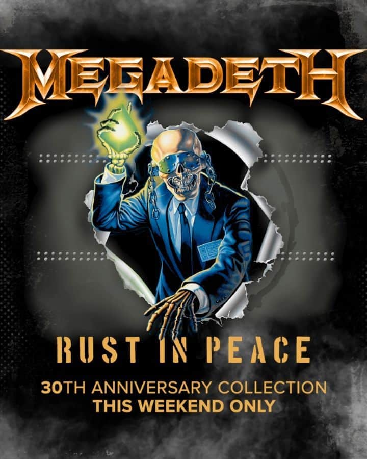 Megadethのインスタグラム：「RUST IN PEACE 30th anniversary merch collection, this weekend only! Pre-order now! usstore.megadeth.com/collections/rust-in-peace (swipe up in our story)」