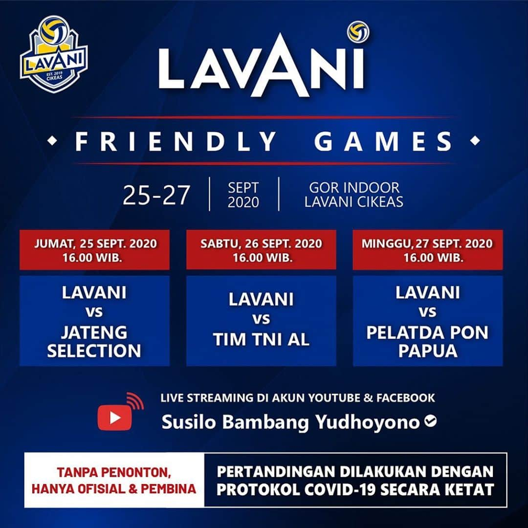 アニ・ユドヨノのインスタグラム：「Selama 3 hari ke depan, klub bola voli Lavani akan melaksanakan latih tanding dalam rangkaian “Lavani Friendly Games” pada tanggal 25 s.d. 27 September 2020 bertempat di GOR Indoor Lavani Cikeas. Friendly Games akan dilaksanakan dengan melaksanakan Protokol Covid-19 secara ketat dan tanpa dihadiri penonton (hanya terbatas untuk ofisial dan Pembina). Adapun jadwal pertandingannya adalah : - Jum’at, 25 September 2020 : Tim Jateng Selection vs Lavani - Sabtu, 26 September 2020 : Tim TNI AL vs Lavani - Minggu, 27 September 2020 : Tim Pelatda PON Papua vs Lavani ** Catatan : Tim Pelatda PON Jabar yang semula dijadwalkan akan mengikuti Friendly Games pada saat-saat terakhir membatalkan keikutsertaannya.  Bagi pecinta olahraga bola voli di tanah air yang tidak bisa hadir menyaksikan secara langsung di GOR Indoor Lavani Cikeas tidak perlu khawatir karena seluruh pertandingan dalam “Lavani Friendly Games” ini akan disiarkan secara langsung (Live) melalui livestreaming di akun Youtube dan Facebook Susilo Bambang Yudhoyono (SBY).   Jadi, jangan ketinggalan. Saksikan pertandingan sore hari ini pukul 15.30 dimana tim Lavani Cikeas akan berhadapan dengan tim tangguh “Jateng Selection” yang bermaterikan pemain-pemain tim nasional, utamanya yang memperkuat tim bola voli nasional pada SEA Games 2017 lalu. Saksikan melalui livestreaming di akun Youtube dan Facebook Susilo Bambang Yudhoyono (SBY).   Selamat menyaksikan…」