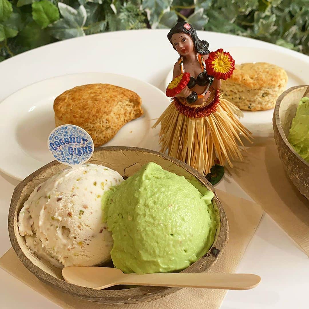 相馬絵美さんのインスタグラム写真 - (相馬絵美Instagram)「「veggy」 @veggy_jp にも掲載されている @coconutglens_japan と @kyusai_kale_official のコラボアイスを食べてきました🍨  公式インスタグラマー1期パイセンの @remes_meal と❤️  ケール&アーモンドのフレーバーの他に、私はバナナラムレーズンをチョイス💫  ココナッツのお皿で提供されて可愛い🥥💕 お味もココナッツの甘味をベースに、ケール感もなく、むしろ風味が美味しさのアクセントに🥬 スコーンは勾玉の形？ サクサクで美味しかった✨  コラボアイスは期間限定なのでお早めに🏃‍♀️🏃‍♀️  #ココナッツグレン表参道店  #ココナッツグレン #キューサイケール  #キューサイ #veggy #ケールワーク」9月25日 13時31分 - somaemi
