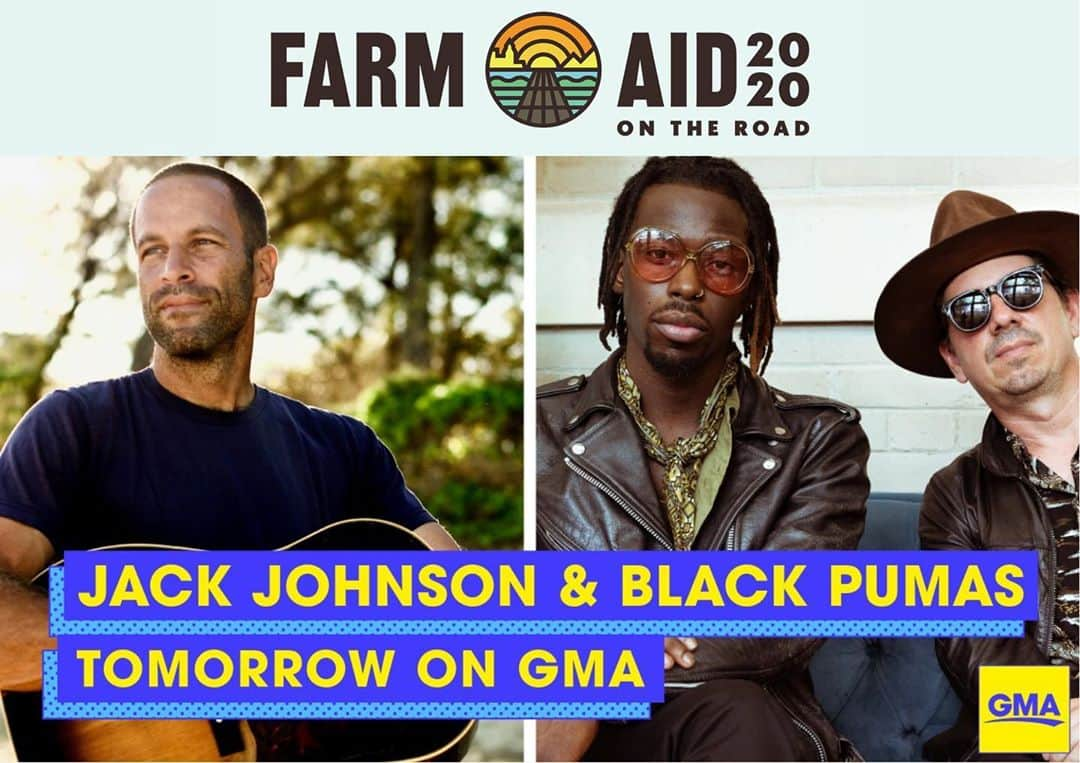 ジャック・ジョンソンのインスタグラム：「Get ready to celebrate 35 years of @FarmAid this Saturday!   Jack is joining founders @willienelsonofficial, @johnmellencamp, @neilyoungarchives, @davematthewsband, along with @blackpumas and many more for Farm Aid 2020 to support our family farmers! Tune-in 9/26 at 8:00pm EDT for the special 3-hour virtual festival. Visit FarmAid.org for more info.  Tomorrow Jack and @blackpumas come together for a special performance in honor of @farmaid. Tune in early to @goodmorningamerica !   #FarmAid2020 #OnTheRoad #AAOLocalFood」