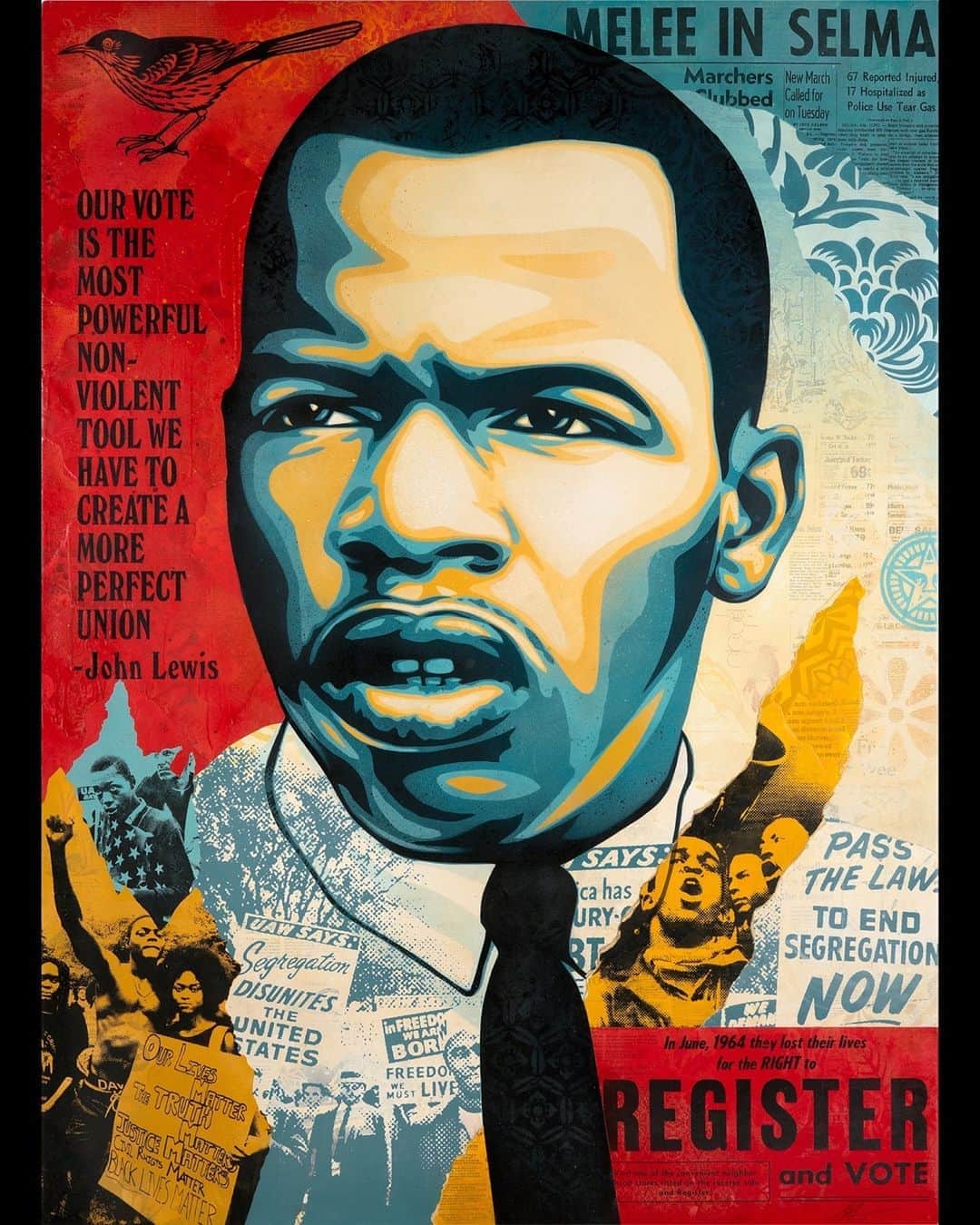 Shepard Faireyのインスタグラム：「John Lewis is a hero of mine because of his civil rights  activism and dedication to justice throughout his life's work, both in the streets and in politics. Rep. Lewis worked as a grassroots organizer and was beaten by police while marching for racial equality, but also campaigned, was elected to congress, and served as a lawmaker for 40 years. John Lewis is a role model for using what I call "the inside/outside strategy," which entailed working in whatever zone necessary, outside the system or inside, and using his powers as an organizer and communicator to make the nation better.  There is no better example of dedication to justice and civic engagement than Rep. John Lewis. With the election approaching and the rise of voter suppression strategies utilized by the Republicans, I felt an image of John Lewis reminding people that the hard-fought progress on voting rights and equality must be maintained vigilantly when threatened, would be an important message to send before Nov. 3. I also wanted to symbolically thank John Lewis for all his service to humanity.  When John Lewis made his cancer diagnosis public, my friend and photographer, Steve Schapiro suggested that we collaborate to honor him. I was thrilled by that idea and wrote a letter to John Lewis proposing the image of him. He gave the project his blessing but sadly passed away shortly before the art was completed. I know he was a humble person, but I hope he'd be proud that his actions have given inspiration and fuel to me and millions of others. Thanks for the fire, John Lewis! - Shepard  I donated John Lewis - Good Trouble to Artists for Biden (October 2–8), an art fundraiser hosted on @platform___art to help ensure the next President and Vice President elected are @JoeBiden and @KamalaHarris, and also that Democrats across the country have the resources they need to win. Visit platform.art (link in bio) to register for early access to the sale and artistsforbiden.org to learn more about the Biden Victory Fund. And don’t forget to vote! #ArtistsForBiden #BidenHarris2020」