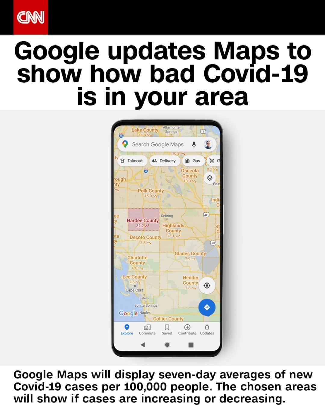 CNNさんのインスタグラム写真 - (CNNInstagram)「Google Maps will soon show how prevalent coronavirus is in geographic areas with a new color-coded update. Beginning this week, it will display seven-day averages of new Covid-19 cases per 100,000 people. Google said the tool shows "critical information about Covid-19 cases in an area so you can make more informed decisions about where to go and what to do."⁠ (📸: Google)⁠」9月25日 9時01分 - cnn