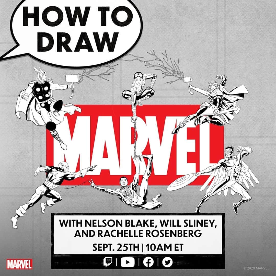 Marvel Entertainmentさんのインスタグラム写真 - (Marvel EntertainmentInstagram)「We're seeing double. Join us TOMORROW for a special drawing lesson with artists @NelsonBlakeII, @Will_Sliney, and @Rachelle_Cheri at 10AM ET!」9月25日 9時30分 - marvel