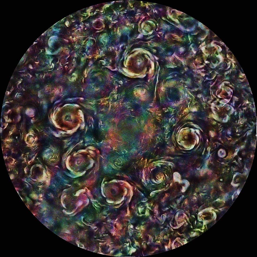 NASAさんのインスタグラム写真 - (NASAInstagram)「Jupiter’s roses: A cosmic bouquet just for you.⁣ ⁣ Not actual roses, these are in fact cyclones on Jupiter’s north pole. These swirls of striking colors in this extreme false color are a rendering of an image from our Juno mission. The huge, persistent cyclone found at Jupiter’s north pole is visible at the center of the image, encircled by smaller cyclones that range in size from 2,500 to 2,900 miles (4,000 to 4,600 kilometers). Together, this pattern of storms covers an area that would dwarf the Earth.⁣ ⁣ Citizen scientist Gerald Eichstädt made this composite image using data obtained by the JunoCam instrument during four of the Juno spacecraft’s close passes by Jupiter, which took place between Feb. 17, 2020, and July 25, 2020. The greatly exaggerated color is partially a result of combining many individual images to create this view.⁣ ⁣ Image data: NASA/JPL-Caltech/SwRI/MSSS⁣ Image processing by Gerald Eichstädt⁣ ⁣ #NASA #Citizenscientist #Jupiter #JunoCam #Roses #Space #Cyclones⁣」9月25日 23時01分 - nasa