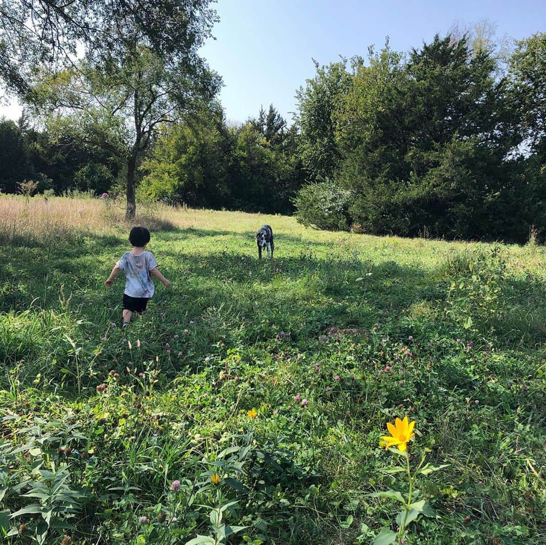 クリスティン・ヒルデブランドさんのインスタグラム写真 - (クリスティン・ヒルデブランドInstagram)「Dog park days <3.  . . Playing Land Before Time at the dog park (looking for all the dinosaurs from the show, we save them from the Trex’s that are coming to get them!!) Watching his imagination work makes my heart wanna burst. Also love this puppy of ours so much. While he has 10 acres to roam at this dog park, he’s ALWAYS by Rhetts side. ❤️」9月25日 22時19分 - _kristinhildebrand