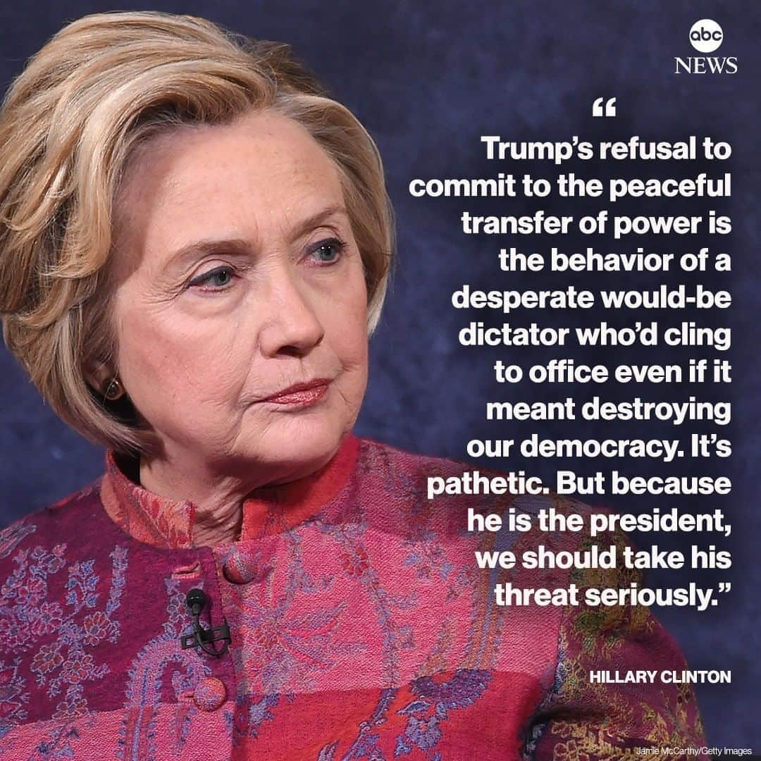 ABC Newsさんのインスタグラム写真 - (ABC NewsInstagram)「Hillary Clinton: "Trump’s refusal to commit to the peaceful transfer of power is the behavior of a desperate would-be dictator who’d cling to office even if it meant destroying our democracy. It’s pathetic. But because he is the president, we should take his threat seriously." #hillaryclinton #politics」9月25日 17時09分 - abcnews