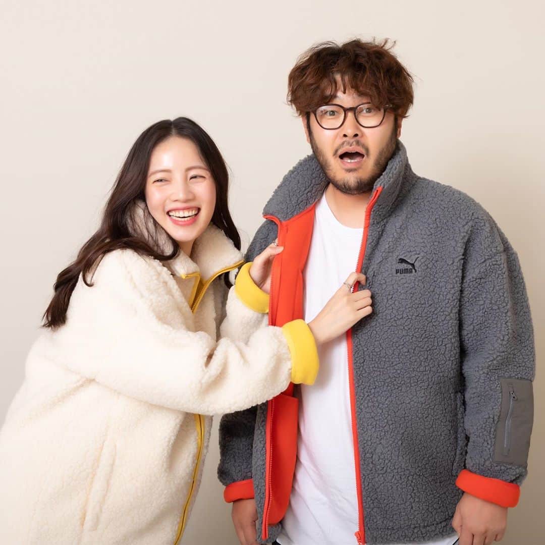 キム・ギバンのインスタグラム：「#광고  . 멱살을 잡혀도 신나는 촬영~  푸마x포토매틱 덕분에 좋은 추억 하나 추가!  (그린이도 재밌었을거예요~😄) . #푸마 #쉐르파 ( with #희바라기방 ) #우리셋촬영은처음 (+뱃속에 그린이👶🏻)」