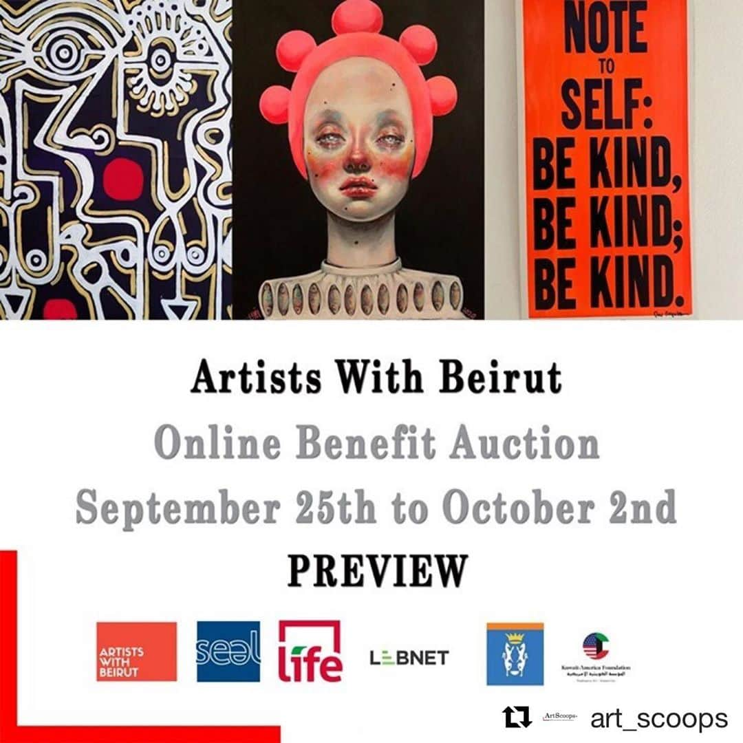 チェリーン・ダビスのインスタグラム：「Thank you @sabineelgemayel for putting together this amazing artist auction. 100% of proceeds benefit #beirutemergencyfund 2020, a humanitarian effort by non profit  organizations @sealforlebanon @lifelebanonuk and their partners. Please check it out via link in bio and share widely in solidarity with our Lebanese brothers and sisters! There are some stunning works in here. ❤️🙏  #Repost @art_scoops with @get_repost ・・・ PREVIEW of the Artists With Beirut Online Auction is now live, happening between 25 September to 2nd of October, on ArtScoops… [link in bio]⠀ .⠀ @sabineelgemayel and @miragoesinsta with the collaboration of ArtScoops  and the support of International and Lebanese artists and collectors are holding an online benefit auction of over forty paintings, photographs, collages, prints, sculptures, fashion, ceramics and personal experiences to support Beirut’s reconstruction efforts. ⠀ .⠀ Either the galleries or the artists have gifted all artworks.⠀ .⠀ 💯% of the money will benefit the #beirutemergencyfund 2020, a humanitarian effort by non profit  organizations @sealforlebanon @lifelebanonuk and their partners. ⠀ .⠀ .⠀ #thankyou to the following #middleeasternartist and #internationalartist #artist  for your #solidarity⠀ .⠀ @etemadgallery #robreynoldsstudio #afarinsajedi #katyatraboulsi ⠀ .⠀ #artistswithbeirut #beirutemergencyfund #2020 #donate #nonprofit #charity #fundraising #sealforlebanon #lifelebanonuk #lebnet #auction #artscoops #artwork #art  #onlineauction #contemporaryart #beirut」