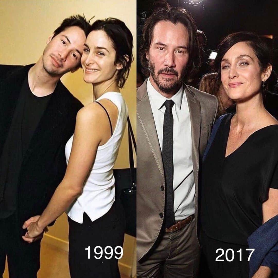 Style Fashion Luxuryのインスタグラム：「Keanu Reeves & Carrie-Anne Moss through the years 😍  Name your favourite movie with any of them and tag someone!」