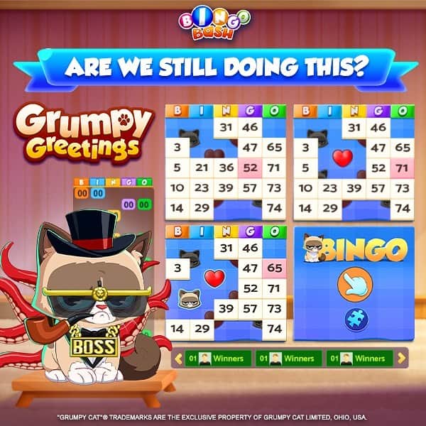 Grumpy Catのインスタグラム：「Ready for the weekend?  How about playing a round of Bingo or two? Check out the 😾Grumpy Greetings😾 Bingo room - exclusive to @bingobashofficial  Join in here, for FREE → https://smart.link/9dwm5nhid1apl (Link in bio)  #Bingo #GrumpyCat #catsofinstagram」