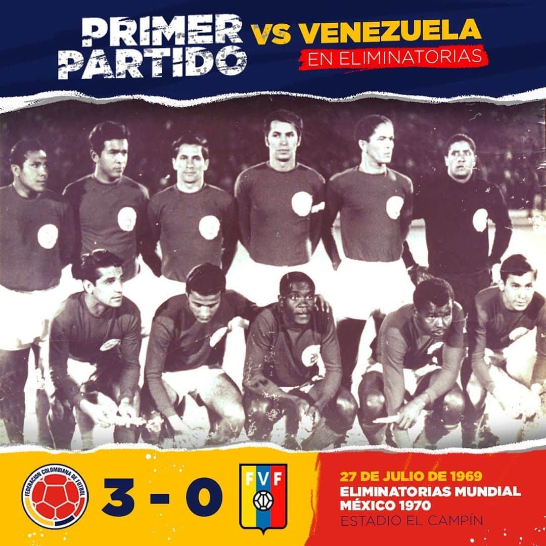 サッカー コロンビア代表チームのインスタグラム：「¿Sabes cuál fue nuestro primer partido contra Venezuela por Eliminatorias? 🧐  👇  🇨🇴3⃣-0⃣🇻🇪 📆 27 de julio de 1969 🏆 Eliminatorias Mundial México 1970 🏟️ El Campín ⚽ Jorge "Tato" González (x2) Hermenegildo Segrera  ✌️」