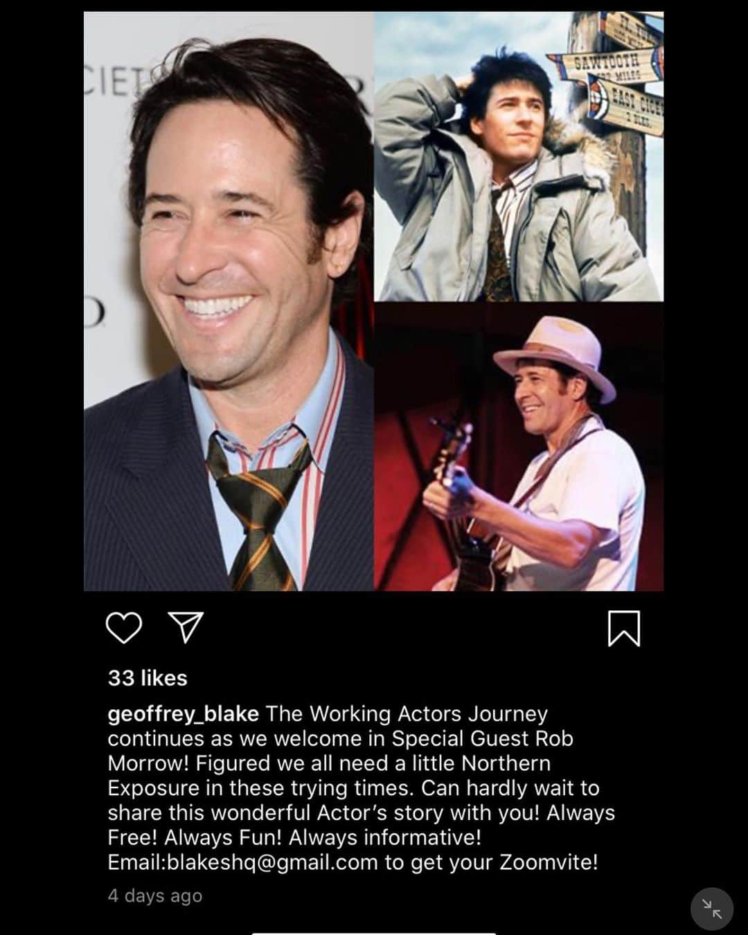 ロブ・モローのインスタグラム：「Looking fwd to chatting w/ @geoffrey_blake today on his “The Working Actors Journey” at 5p pst.  Come join us email: blakeshq@gmail.com to get evite. @theworkingactorsstudio」