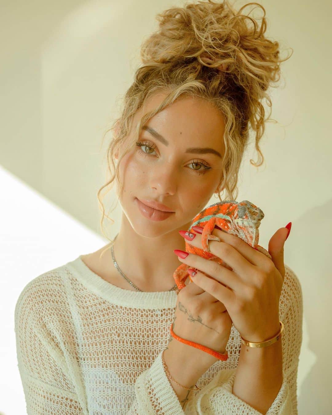 チャーリー・ジョーダンのインスタグラム：「They’re just little dinosaurs 🦖🍊  Cute content to brighten your day! Panther Chameleons actually don’t change color frequently to match their background but more when their mood changes ✨ @revolve  📸 @liamhaehnle」