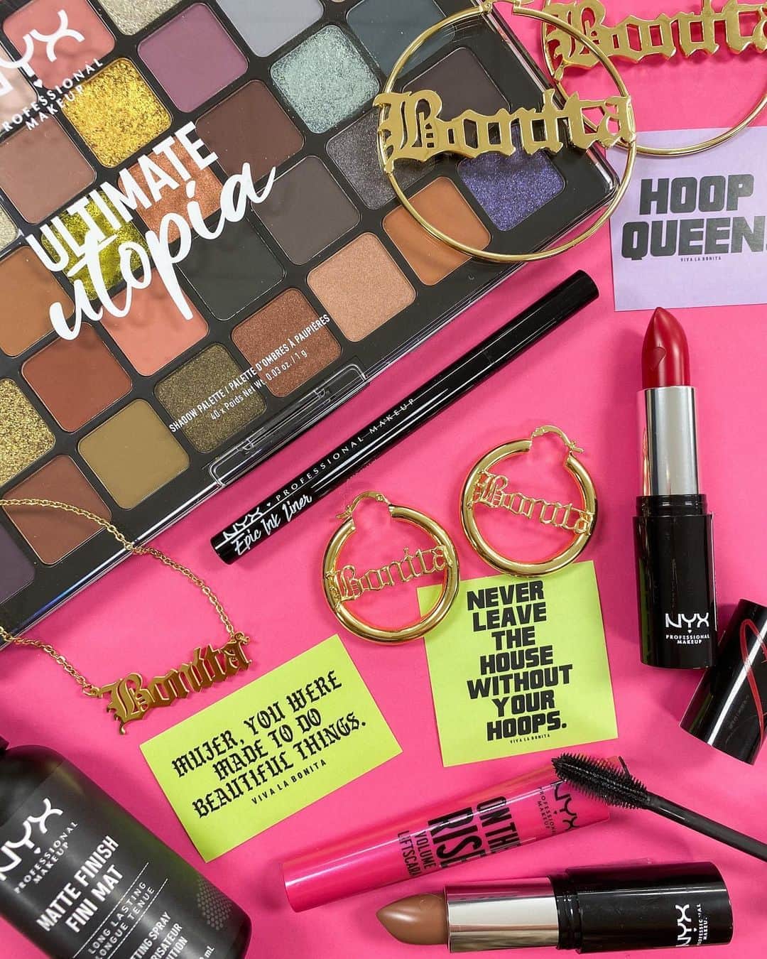 NYX Cosmeticsさんのインスタグラム写真 - (NYX CosmeticsInstagram)「#GIVEAWAY ALERT 👀😍✨ In honor of #HispanicHeritageMonth we’ve teamed up with @vivalabonita to give you a chance to win the ultimate prize pack sent #WithLoveFromLA! 💖 Because when you have your hoops on & your eyeliner is on point, nothing can stop you! 🙌 We’re giving away TWO PAIRS of Gold Bonita Hoops, ONE Gold Bonita Nameplate Necklace & a bundle of our faves to one lucky winner 😘 Here’s how to enter: ✔ ☝️ FOLLOW @nyxcosmetics + @vivalabonita ✔ 👆 👆 LIKE this post ✔ 👋 TAG a friend US Only. Official #Sweepstakes Rules: No purchase necessary. You must be over 13 years, a legal US resident. Starts at 12:30 PM PDT on September 25, 2020 and ends at 12:30 PM PDT on September 27, 2020. Odds of winning depend on the total number of entries received. For Complete Rules, visit bit.ly/2FR29gD」9月26日 4時38分 - nyxcosmetics