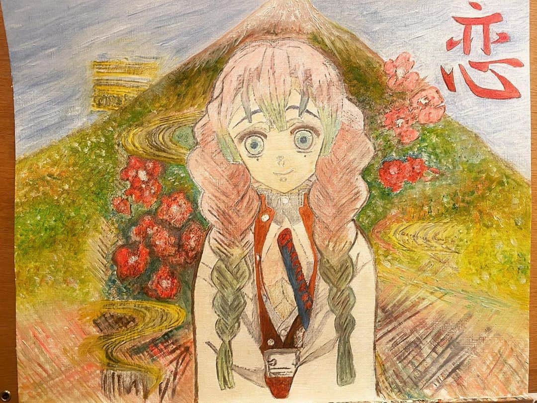 火口秀幸のインスタグラム：「娘に　せがまれ　描いてみた しかし、凄い　名前　  #甘露寺蜜璃　（ #かんろじみつり ） #鬼滅の刃　#油絵 #吉本坂46 #RED #HideboH」