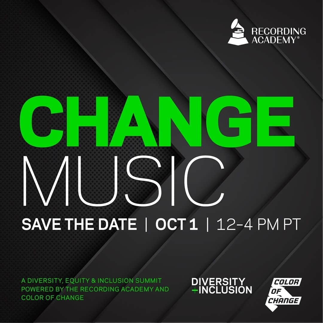 The GRAMMYsさんのインスタグラム写真 - (The GRAMMYsInstagram)「Join us for "Change Music," a virtual, industrywide Diversity, Equity and Inclusion summit! This timely conversation will host key industry leaders and highlight best practices and strategic ways to drive long-term, #systemicchange within the #music community.   The #RecordingAcademy will discuss progress made toward closing critical diversity, equity, and inclusion gaps at the Academy and within the industry, and its response to #theshowmustbepaused demands — emphasizing the organization's commitment to accelerating progress for Black music.  The event will feature several panels with topics focused on shifting culture, amplifying voices, the state of inclusion at the Recording Academy, D&I Officers in music, leadership in action, building together, harnessing power, driving change, and more. #Linkinbio to RSVP.」9月26日 5時13分 - recordingacademy