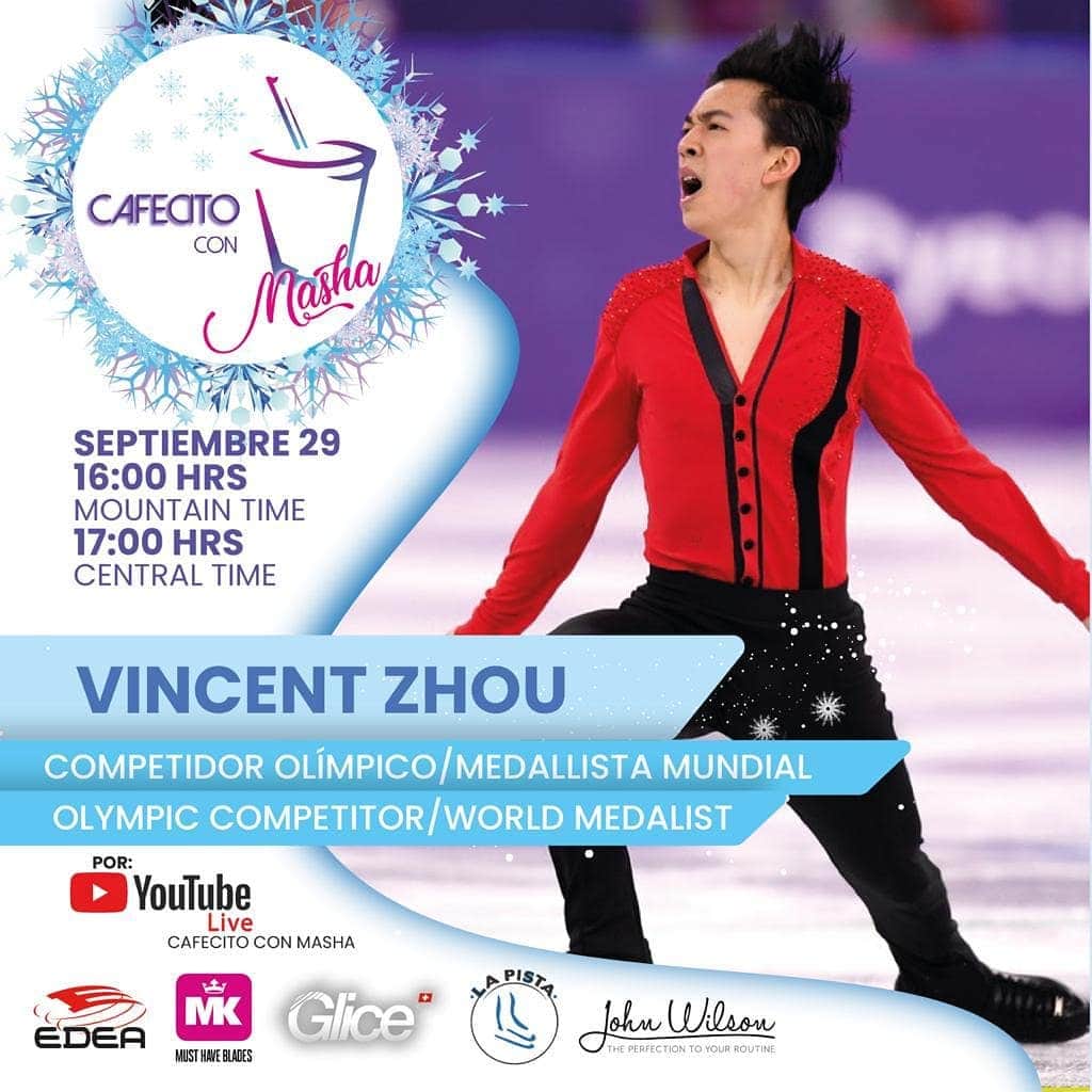 ヴィンセント・ゾウのインスタグラム：「Hey everyone! Please tune in to Cafecito con Masha on YouTube on Tuesday the 29th at 6PM Eastern! I'll be doing a live interview! Hope to see you all there😊 @cafecitoconmasha」