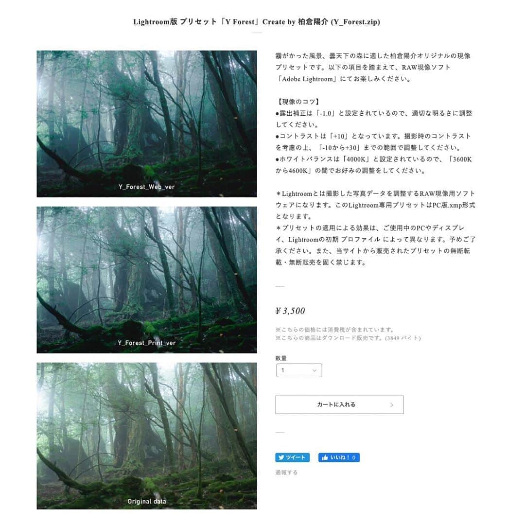 柏倉陽介さんのインスタグラム写真 - (柏倉陽介Instagram)「Adobe Lightroom版 プリセット「Y Forest」Create by 柏倉陽介  ・ 霧がかった風景、曇天や雨天下の森に適した柏倉陽介オリジナルの現像プリセットです。「Y Forest」のYは屋久島の頭文字から取っています。また、Y Forestは2種類のファイルをご用意していますY_Forest_Print_verは写真印刷用、Y_Forest_Web_verはWEB用にお使いください。以下の項目を踏まえて、RAW現像ソフト「Adobe Lightroom」にてお楽しみください。 ・ 【現像のコツ】 ●露出補正は「-1.0」と設定されているので、適切な明るさに調整してください。 ●コントラストは「+10」となっています。撮影時のコントラストを考慮の上、「-10から+30」までの範囲で調整してください。 ●ホワイトバランスは「4000K」と設定されているので、「3600Kから4600K」の間でお好みの調整をしてください。暖かみを残したい方は4600K前後を推奨しています。 ・ プリセットデータは、プロフィールURLのフォトエージェンシー「In Phocus」公式WEBからダウンロード形式で販売しています。是非、ご活用ください。」9月26日 17時32分 - yosuke_kashiwakura