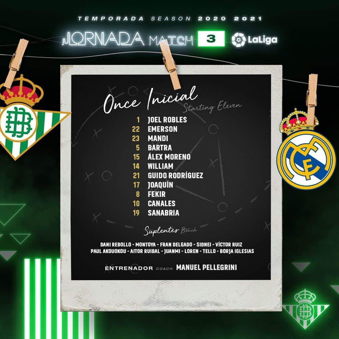 レアル・ベティスさんのインスタグラム写真 - (レアル・ベティスInstagram)「💚🤍💚  ¡Nuestro once inicial para el #RealBetisRealMadrid! -- Our starting line-up for #RealBetisRealMadrid!  #DíaDeBetis」9月27日 3時03分 - realbetisbalompie