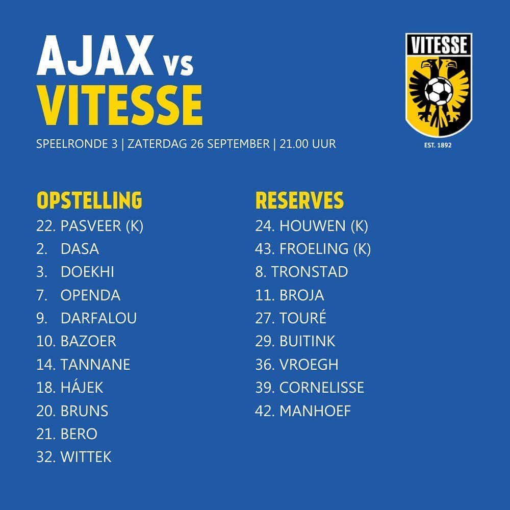 フィテッセさんのインスタグラム写真 - (フィテッセInstagram)「📋 Line-up for tonight  #Vitesse #ajavit」9月27日 2時59分 - mijnvitesse