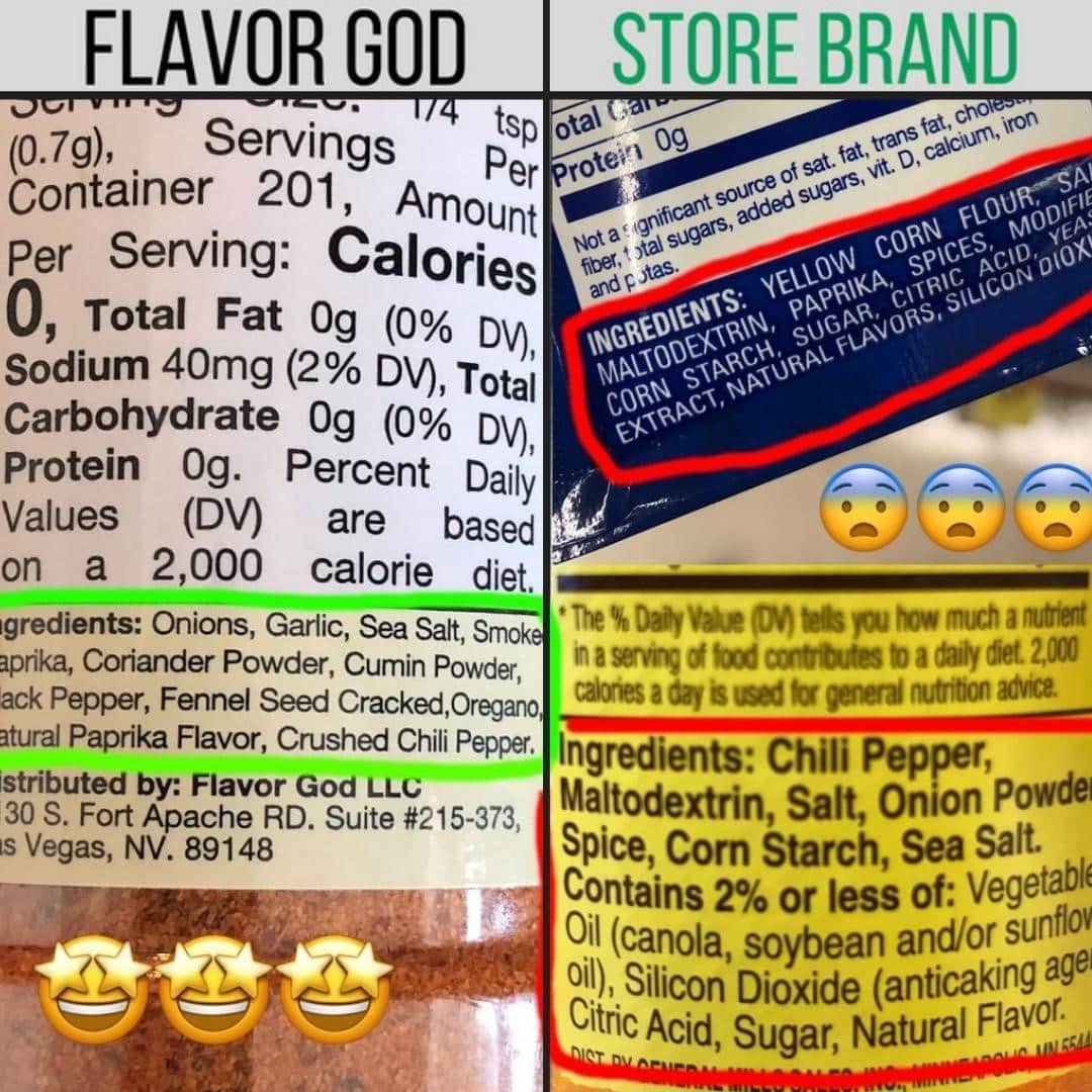 Flavorgod Seasoningsさんのインスタグラム写真 - (Flavorgod SeasoningsInstagram)「🚨Check out this comparison between #FLAVORGOD vs the Store Brands!⁠ -⁠ Store bought Seasonings first ingredients tend to be either salt or sugar. These ingredients in my industry tend to be cheaper, I feel this is why a lot of companies go heavier on these 2 ingredients.⁠ -⁠ When I created Flavorgod Seasonings my goals was to use only quality ingredients with freshness and flavor as the main factor. Not the bottom line.⁠ -⁠ Thank you for your support!⁠ -⁠ Build Your Own Bundle Now!!⁠ Click the link in my bio @flavorgod⁠ ✅www.flavorgod.com⁠ -⁣⁠ ✅FREE SHIPPING (lower 48 states) with purchases of $50+⁣⁠ ✅FREE GIFTS AT CHECKOUT⁣⁠ ✅FRESH MADE SEASONINGS⁣⁠ ✅MANY DELICIOUS FLAVORS TO CHOOSE FROM⁠」9月27日 3時01分 - flavorgod