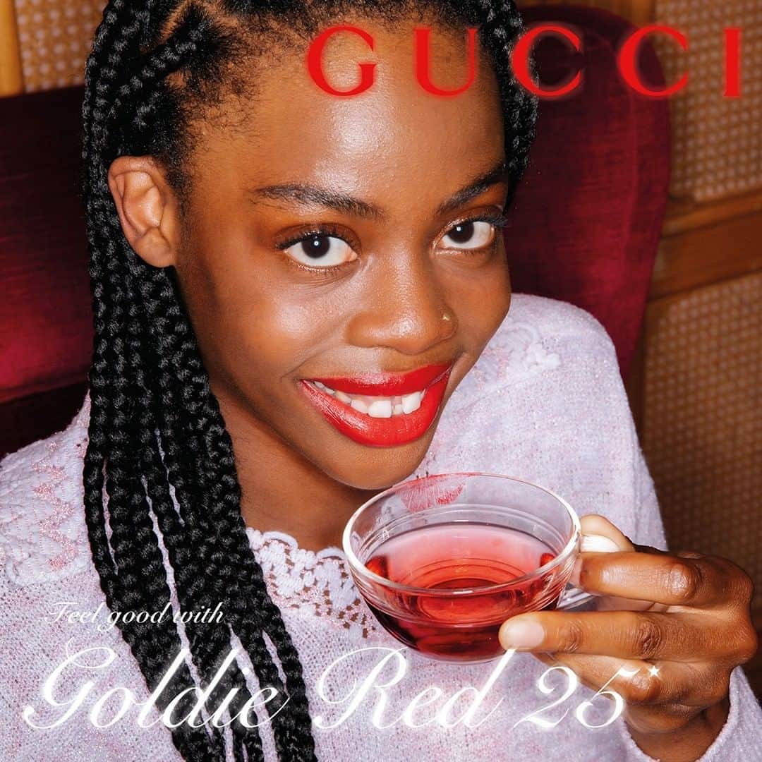 のインスタグラム：「@guccibeauty’s starred lipstick color #GoldieRed25 is the protagonist of images and videos with catchy jingles captured by director @maxsiedentopf celebrating the signature shade available in satin—seen here, matte and sheer formulas. Discover more through link in bio. #GucciBeauty #AlessandroMichele」