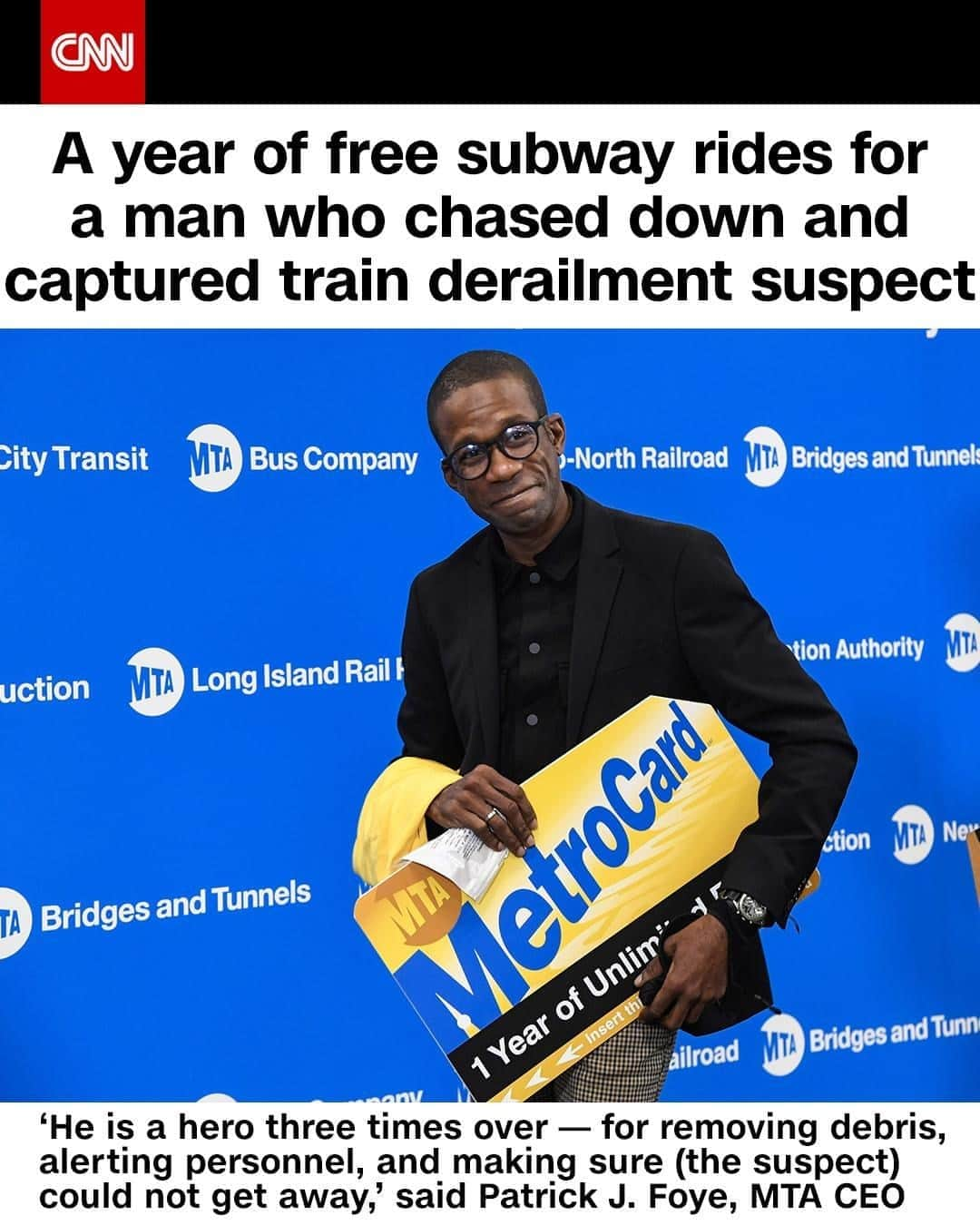 CNNさんのインスタグラム写真 - (CNNInstagram)「"He truly exemplifies the best of New York," said Patrick J. Foye, MTA Chairman and CEO of Rikien Wilder. Wilder chased down a man suspected of trying to cause a train derailment in downtown New York City last week and was rewarded a year of free subway rides. "Rikien Wilder's actions to ensure this suspect could not repeat the heinous crime somewhere else likely saved the lives of fellow New Yorkers, something you cannot put a price on," said Sarah Feinberg, New York City Transit Interim President. ⁠ (📸: MTA New York City Transit)」9月26日 21時01分 - cnn