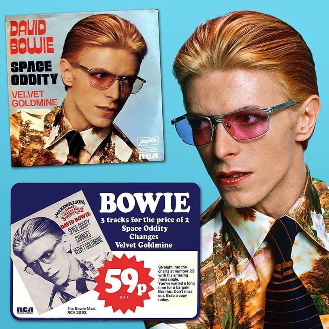 イマン・アブドゥルマジドさんのインスタグラム写真 - (イマン・アブドゥルマジドInstagram)「#rp @davidbowie SPACE ODDITY 45 REISSUED 45 YEARS AGO TODAY  “I’ll be your King Volcano...”  In the very same week that David Bowie achieved his first ever #1 US single with Fame (September 20th, 1975), RCA issued the Space Oddity EP. Though the original 1969 Philips issue furnished Bowie with his first top five hit in the UK, it was the 1975 reissue that gave him his first #1 UK single.  The 3-track EP was released forty five years ago today (September 26th, 1975), and that's the original 1975 UK press advert in our montage, along with Steve Schapiro's beautiful shot and the Yugoslavian sleeve, possibly the only country to utilise the full colour version of the shot, albeit reversed.  It’s easy to see why the single was such a success in the UK and other European territories. Space Oddity was already well-known and loved by even the most casual appreciator of Bowie’s back catalogue, as was one of the bonus tracks, Changes.  However, for the long-term fan, the previously unreleased Ziggy-era song, Velvet Goldmine (from where today’s lyric quotation was lifted), was too hard to resist. Originally recorded in November 1971, Bowie was a little peeved that the recording had been issued without his consent, complaining that it hadn’t even been mixed properly.  David’s gripes aside, the fans weren’t complaining at this 59 new pence, picture sleeve bargain.  #SpaceOddity45」9月27日 7時55分 - the_real_iman