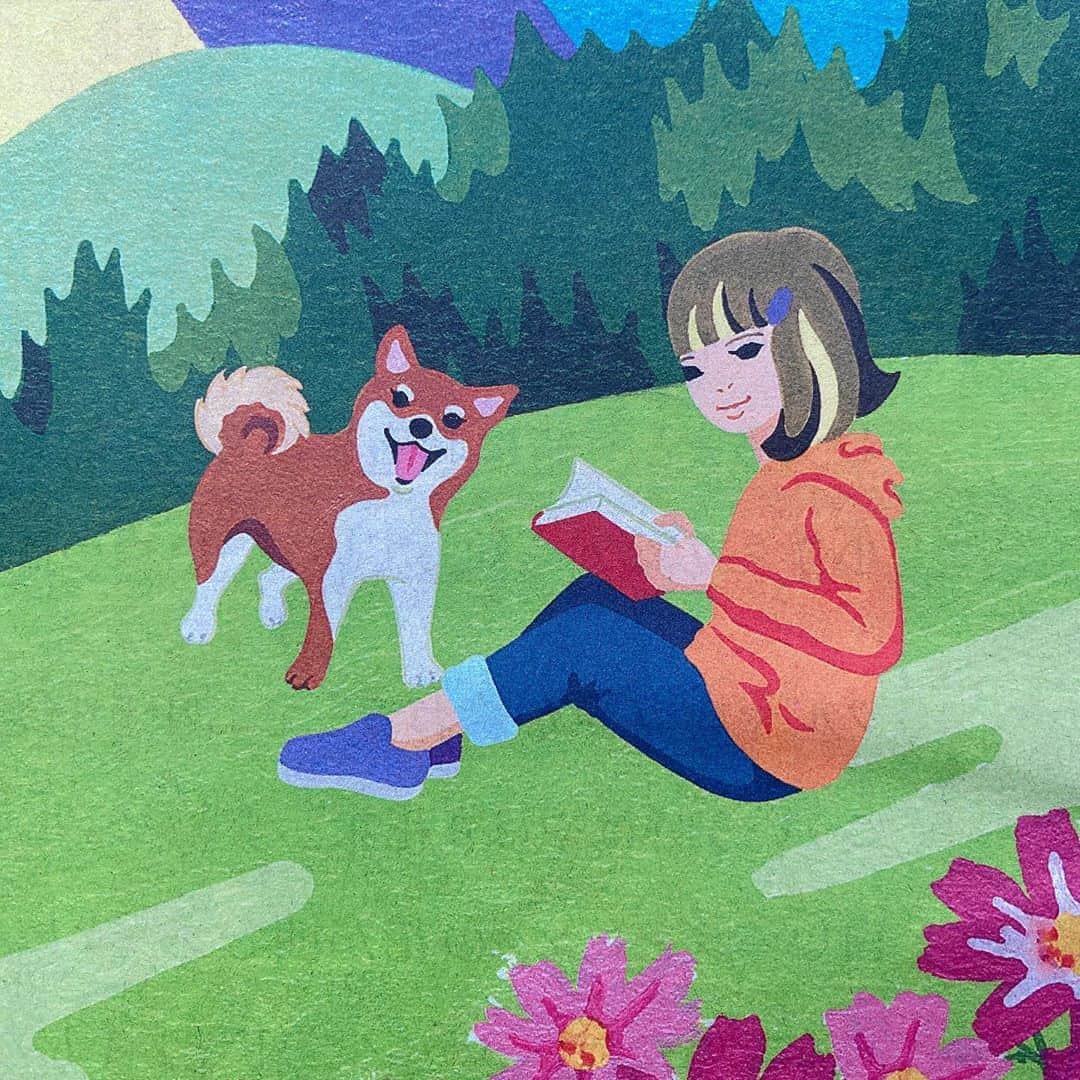松尾たいこさんのインスタグラム写真 - (松尾たいこInstagram)「富士山の麓から想像力を広げましたー。今日も観れます、コロンとまだあどけない柴犬と本を読む女の子😆  今日(9/27)は、読売新聞に掲載されてます。  読売新聞 全15段カラー 図書カードNEXT 「ヨメバ、ヒロガル。」  It’s a Shiba dog and a girl for newspaper advertisements.  今日は新聞広告の一部、柴犬と女の子の部分をアップで載せてみました。  図書カードNEXT と言えば、柴犬のイメージですよね🐕 コロンとした、まだあどけない柴犬を描きました🧑‍🎨  昨日は、コンビニで朝日新聞をゲットしましたよー✌️ (2枚目の写真)  図書カードの富士山からイメージを広げて描いた、描きおろしの作品です。 ⠀ #japaneseartist #liveintokyo #myartwork #acrylicpainting #art #artoftheday #happyart #loveart #lovejapan #artposts #acrylic #artlovers #colorfulworld #artstagram #paintlover #lovetheworld #modernart #modernartist #現代アート #現代美術 #artmodern」9月27日 8時14分 - taikomatsuo