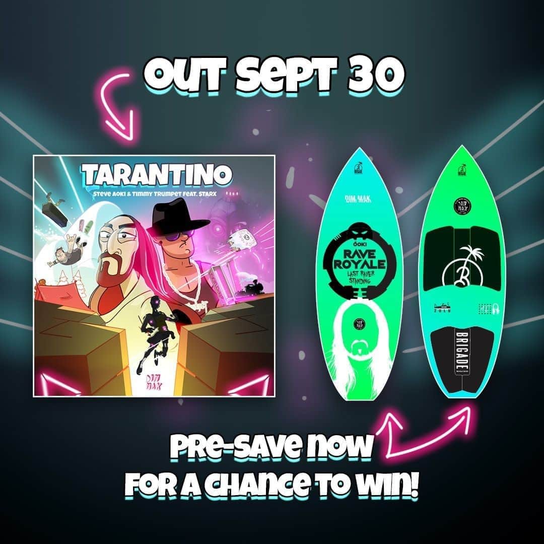 スティーヴ・アオキさんのインスタグラム写真 - (スティーヴ・アオキInstagram)「☑️ - pre-save the song &  🏄‍♀️ - be entered to win a @BrigadeWakesurfing board  hot new track w/ my boys @TimmyTrumpet & @Starx_Music ⚡️⚡️ can't wait for Tarantino!!! [link in bio]」9月27日 9時45分 - steveaoki