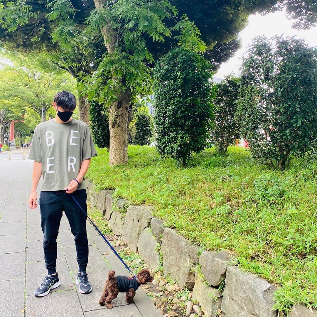 網野友雄のインスタグラム：「朝の散歩🐩 #着るBEER #秋らしいカーキ色  Tシャツ @beerbeerbeer.beer」
