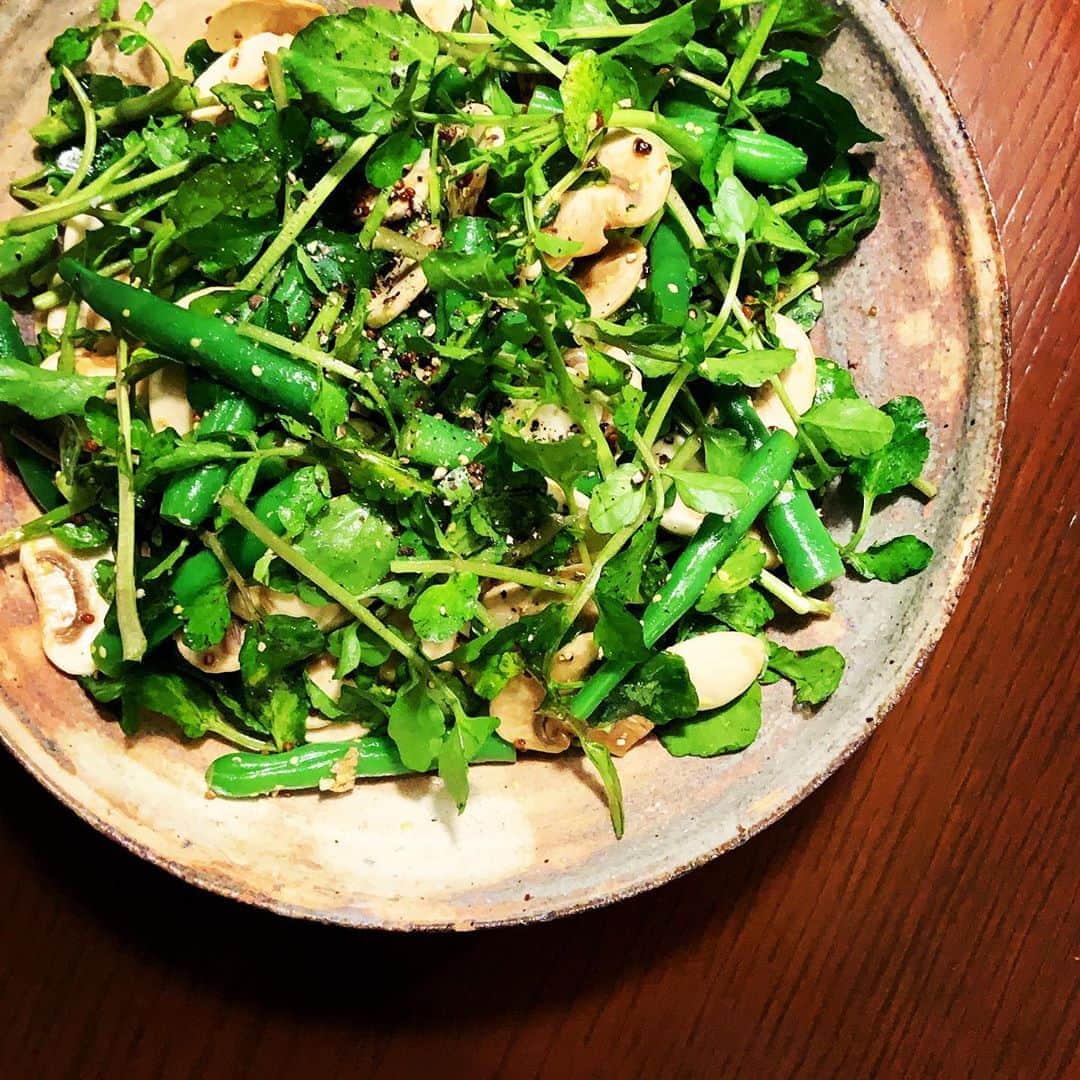 志摩有子さんのインスタグラム写真 - (志摩有子Instagram)「サラダはマッシュルームとインゲンとクレソンのサラダ。ドレッシングは粒マスタード。  #副菜の鬼」9月27日 21時14分 - ariko418