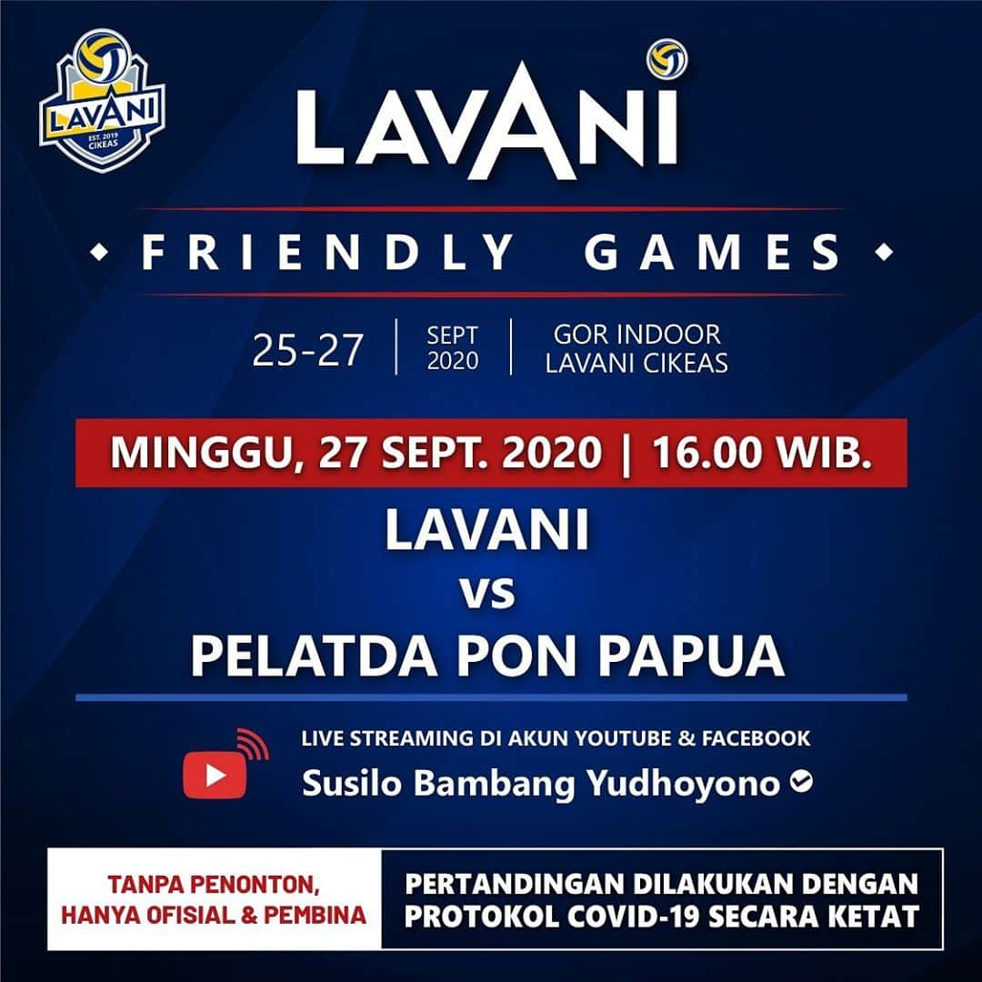 アニ・ユドヨノのインスタグラム：「Jangan lewatkan latih tanding bola voli terakhir dalam rangkaian Lavani Friendly Games yang mempertemukan antara Tim Pelatda PON Papua vs Tim Lavani yang akan dilaksanakan sore hari ini pada Pukul 16.00 di GOR Indoor Lavani Cikeas.   Di masa pandemi dan dikarenakan penonton terbatas untuk official dan Pembina dari kedua tim, maka pertandingan bisa disaksikan melalui livestreaming di akun Youtube dan Facebook Bapak Susilo Bambang Yudhoyono.   Selamat menyaksikan.」