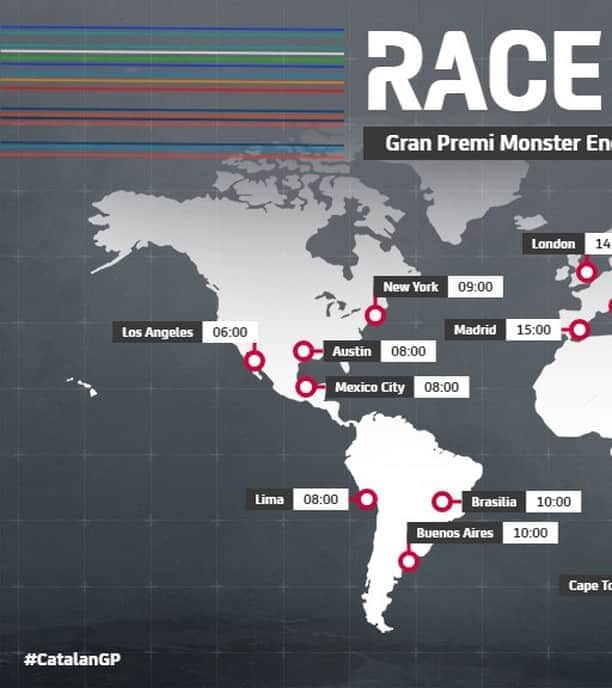 MotoGPさんのインスタグラム写真 - (MotoGPInstagram)「It's RACE DAY at the #CatalanGP! 🏁 Check out the #MotoGP race time 🕒 for your location ⬇️ and remember all the Sunday sessions and races are starting an hour later than usual! ⏰」9月27日 14時00分 - motogp