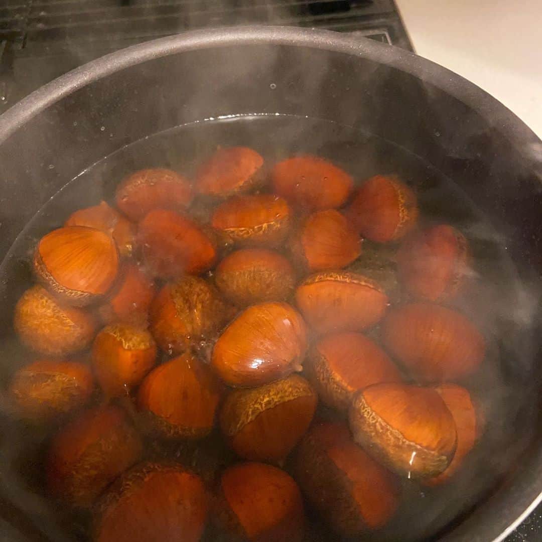 御影倫代のインスタグラム：「Chestnut🌰 お友達から栗拾いのお裾分けをいただきました。早速、栗おこわに🌰 #栗おこわ #chestnut #栗」