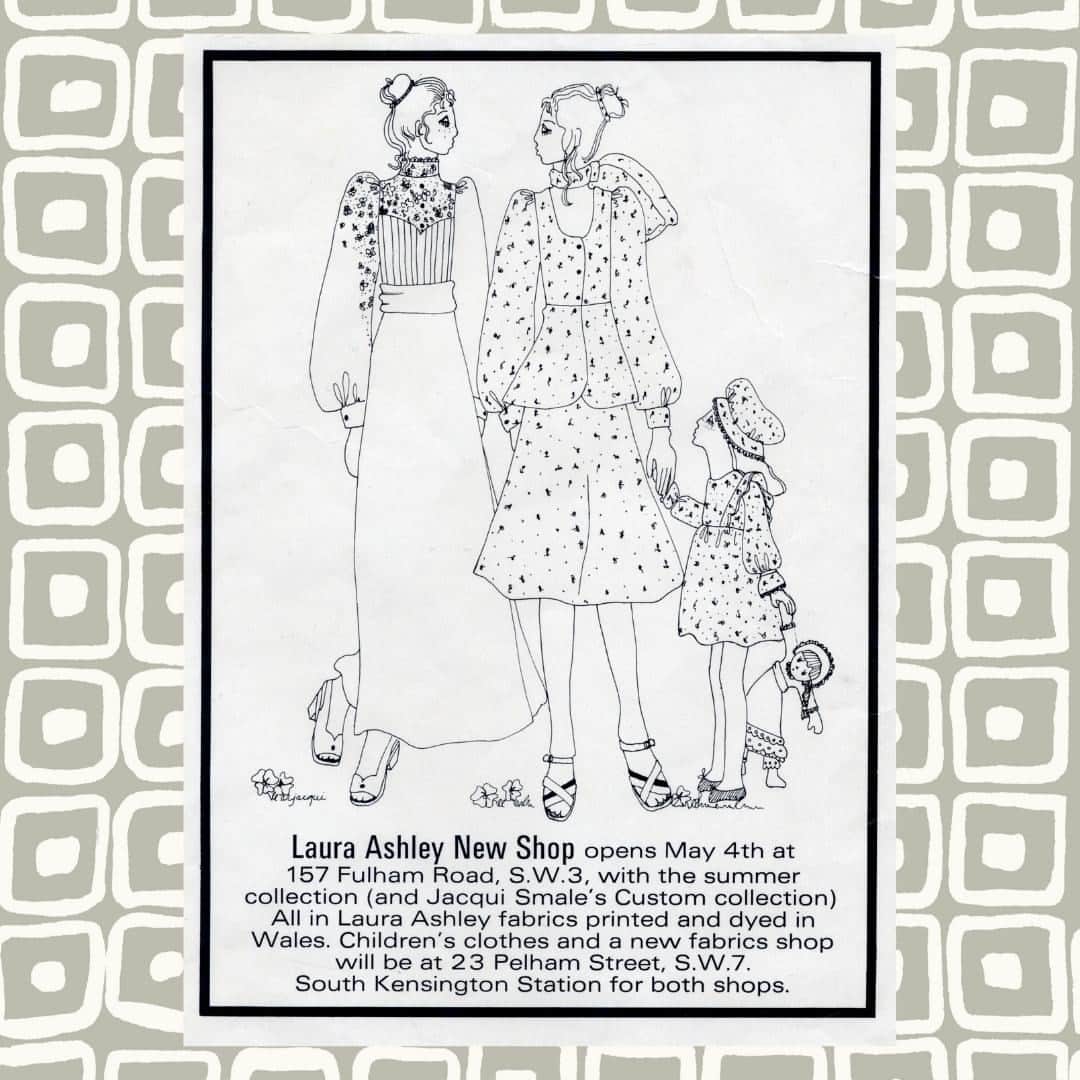 ローラアシュレイのインスタグラム：「Tales from the Archive: ⁣ ⁣ Today we’re looking back to 1970 with this amazing poster promoting the grand opening of our second London store on Fulham Road.⁣ ⁣ The opening followed the success of the first London store that opened in 1968 at 23 Pelham Street. A fitting street, given that one of Laura Ashley’s original scarf prints was named ‘Pelham’.⁣ ⁣ Do you remember visiting?⁣ ⁣ #LauraAshleyHeritage」
